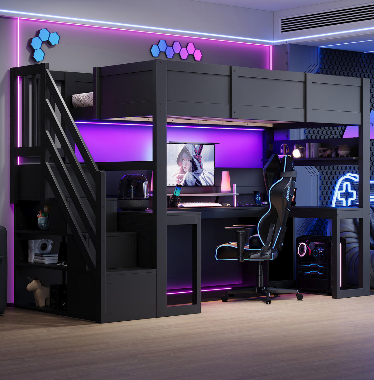 HOCHBETT aus MDF und Sperrholz 90x200 cm Schwarz mit Gaming-Schreibtisch, Stauraumtreppe, LED und USB-Anschluss - Schwarz, Holzwerkstoff (90/200cm) - Modfu