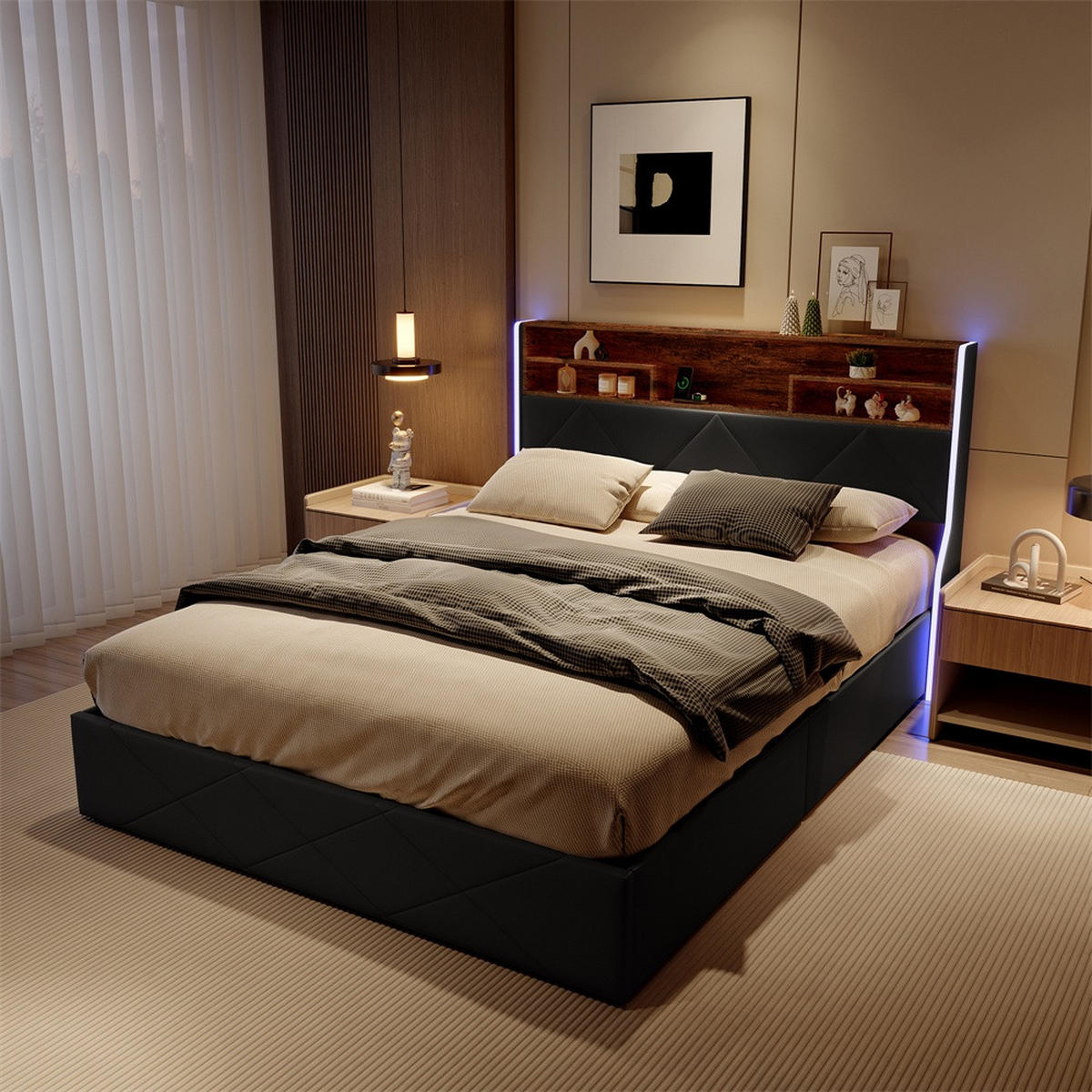 POLSTERBETT 140x200 cm mit LED-Beleuchtung - USB-Ladestation und hydraulischem Stauraum - Schwarz PU-Leder - Schwarz, Textil (140/200cm) - DELFA