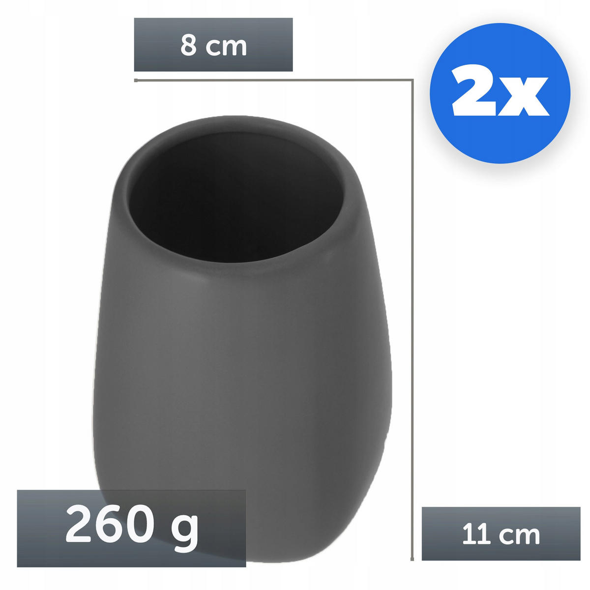 BADEZIMMERBECHER 11 x 8 cm, grau 2 Stk. - Grau, Keramik (8/11cm) - KADAX