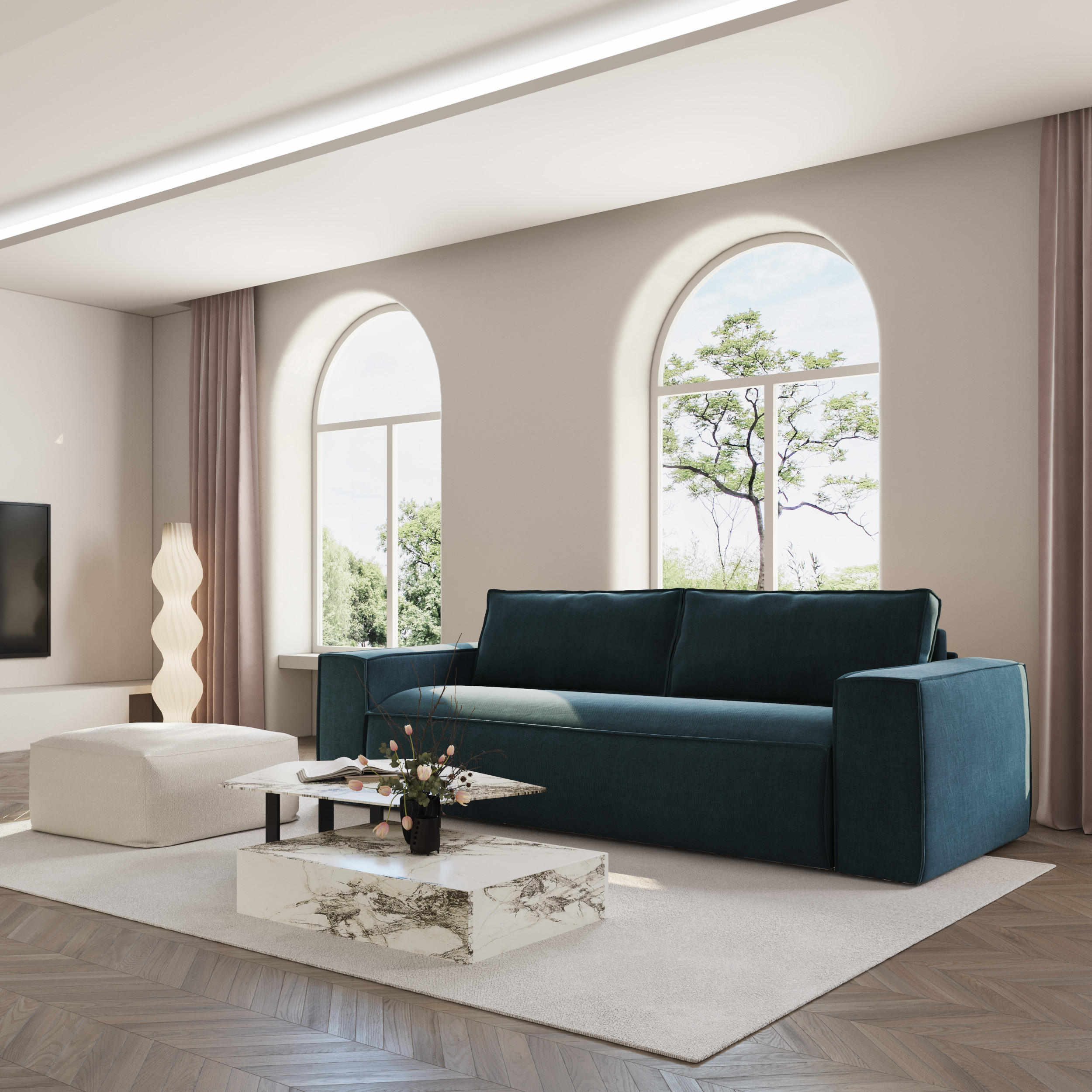 SCHLAFSOFA GERADE Samt Pfauenblau 234cm - Blau/Hellblau, Textil (234/90/100cm) - Sia Home