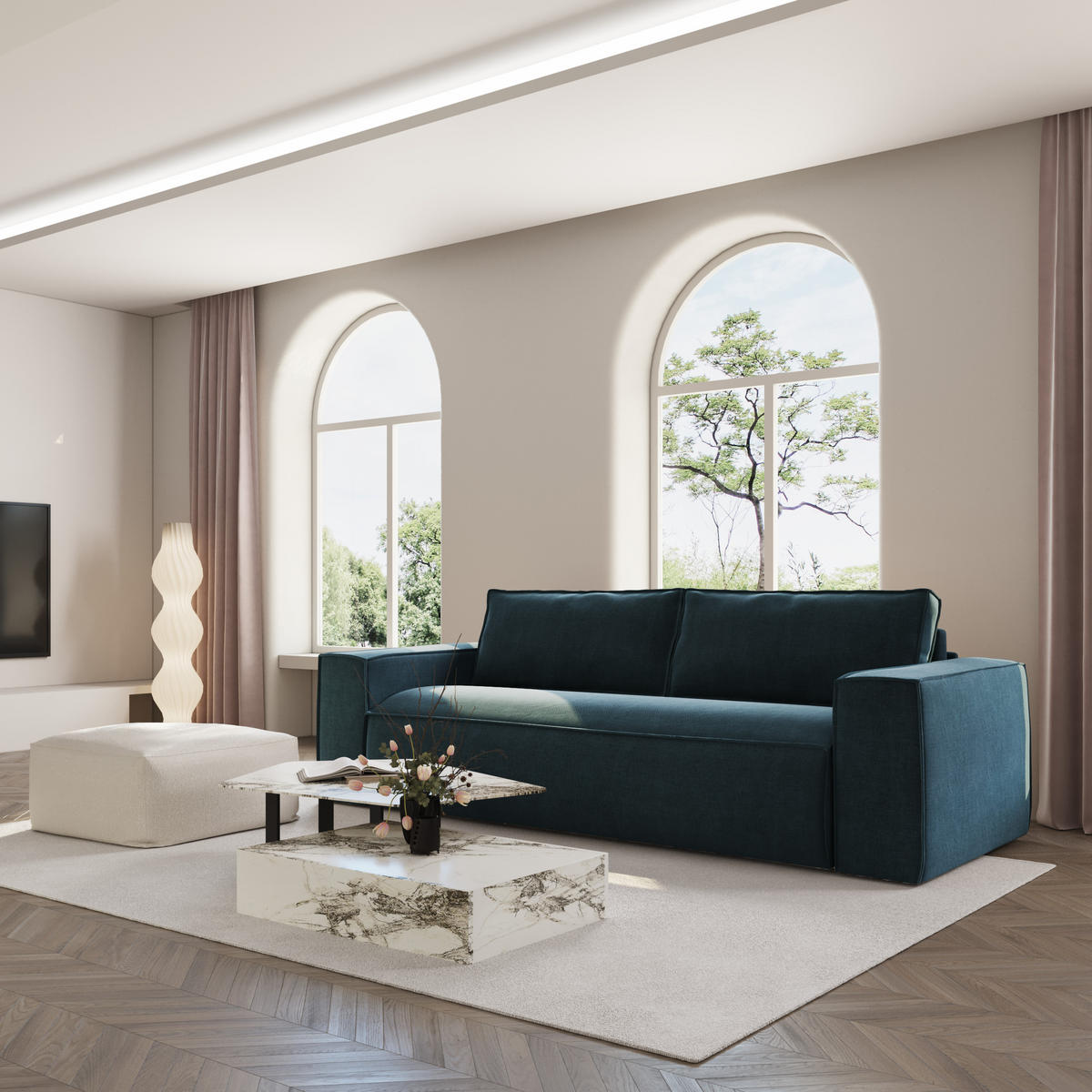 SCHLAFSOFA GERADE Samt Pfauenblau 234cm - Blau/Hellblau, Textil (234/90/100cm) - Sia Home
