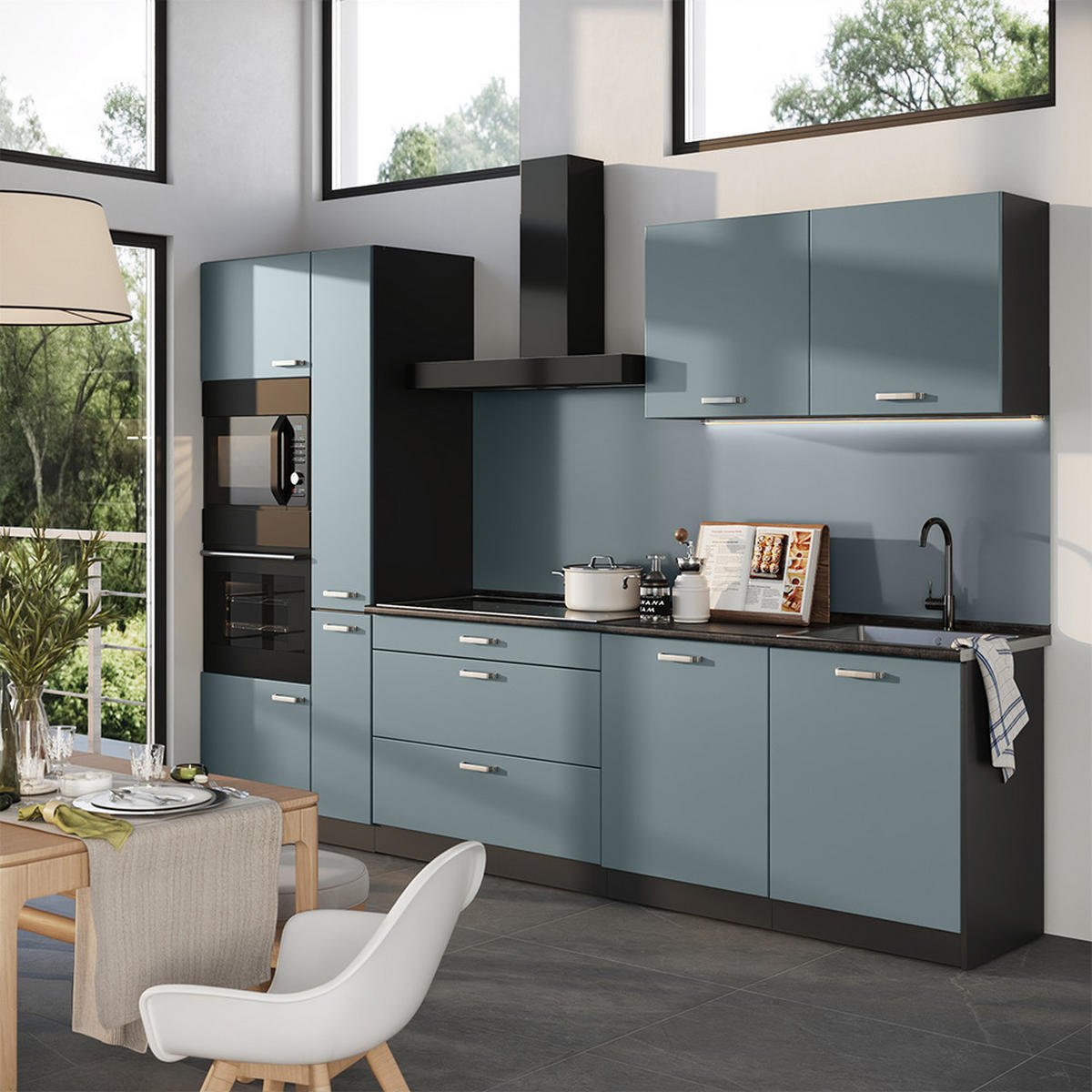 KÜCHENZEILE R-Line, Blau-Grau/Anthrazit, 310 cm Arbeitsplatte Marmor - Anthrazit/Blaugrau, Holzwerkstoff (310/206.8/60cm) - Vicco