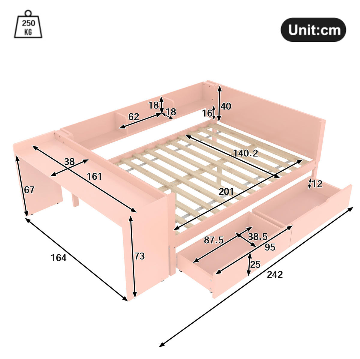 BETT 140/200 cm aus Kiefernholz mit Schreibtisch, Rosa - Pink, Holz (140/200cm) - OKMYHOME