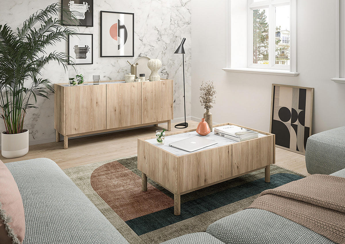 SIDEBOARD - Marmor Weiß Dekor / Eiche Hickory Dekor - Weiß, Holzwerkstoff (148/71/42cm) - home24