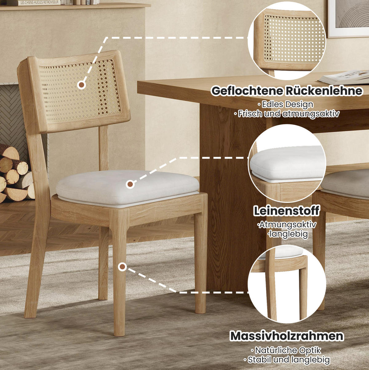 ESSZIMMERSTÜHLE 4er-Set mit Rattan-Rückenlehne Massivholz Wood - Braun, Holz (58/88/50.1cm) - Meubliv