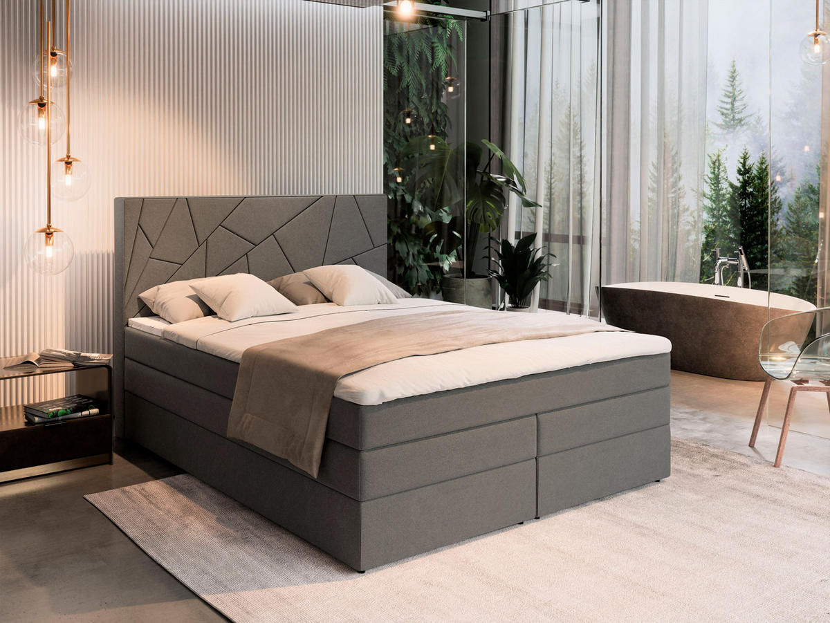BOXBETT TRANI 180x200 cm mit Matratze und Topper - Grau - Grau, Holz (180/200cm) - MASSENO