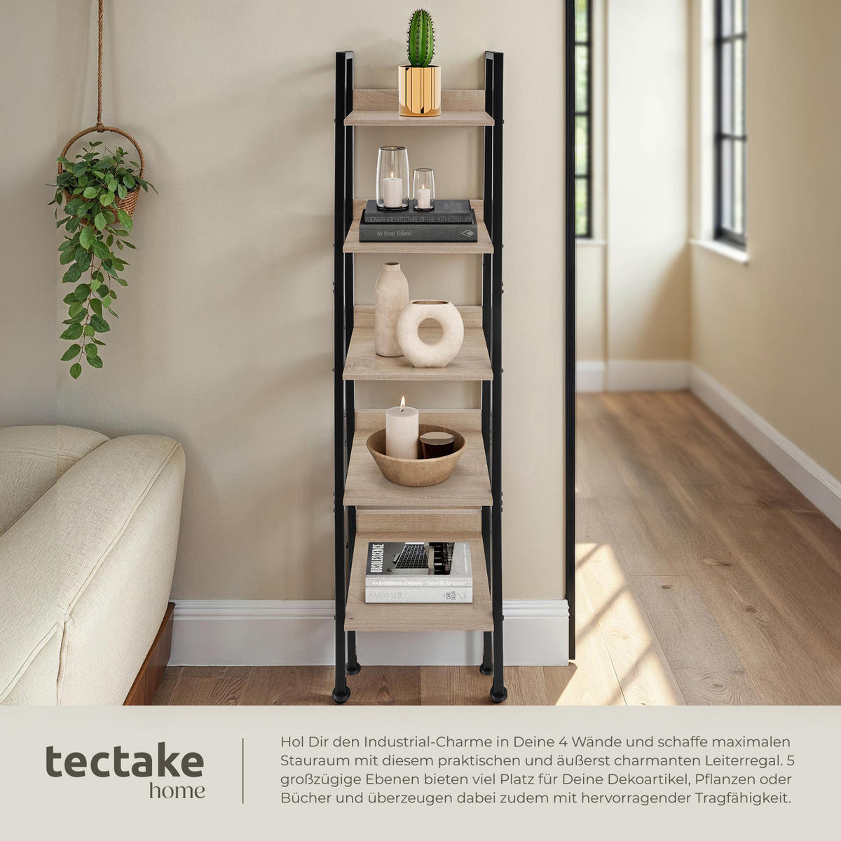 LEITERREGAL Folkestone,inklusive Kippschutz, 35,5 x 31,5 x 170,5 cm,Industrial Holz hell, Eiche Sonoma - Naturfarben, Holzwerkstoff (31.5/170.5/35.5cm) - tectake