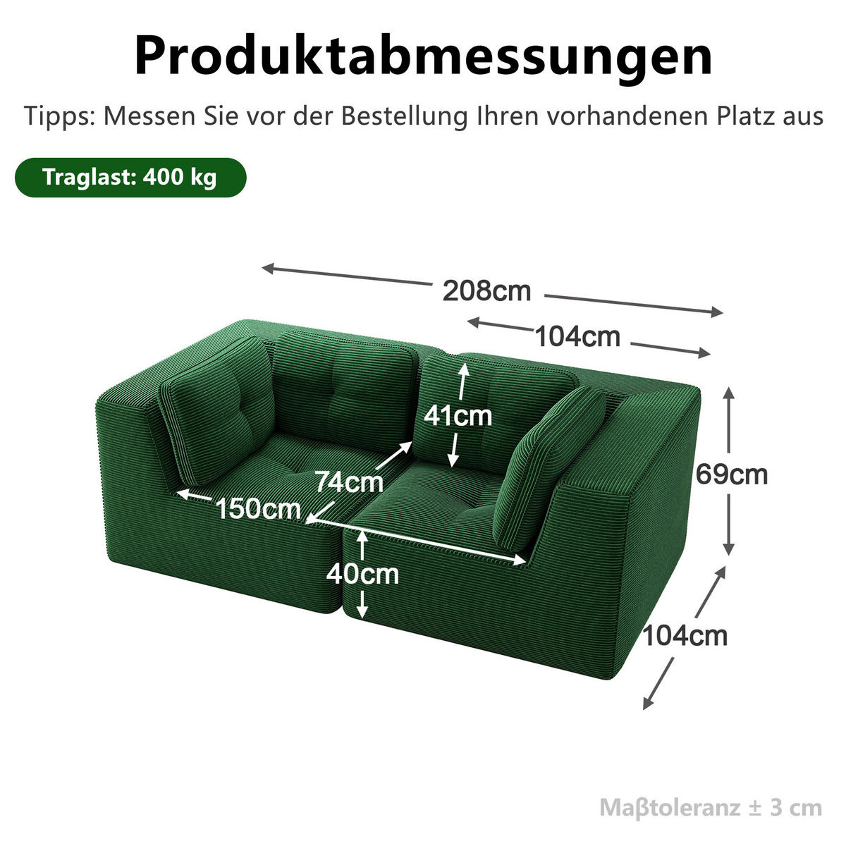 2-SITZER-SOFA DE-34220 modular Grün - Grün, Textil (104/69/208cm) - ComfortXL