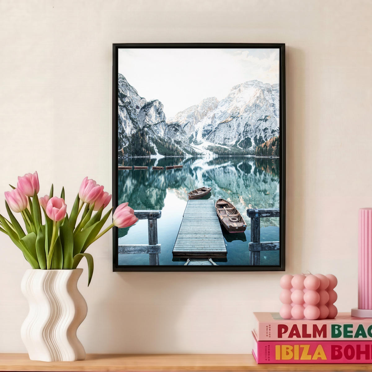 LEINWAND Bilder mit Rahmen - Natur - Berge - Schnee - Wald - Boot - 30x40 - Hellgrün, Textil (30/40cm) - MuchoWow