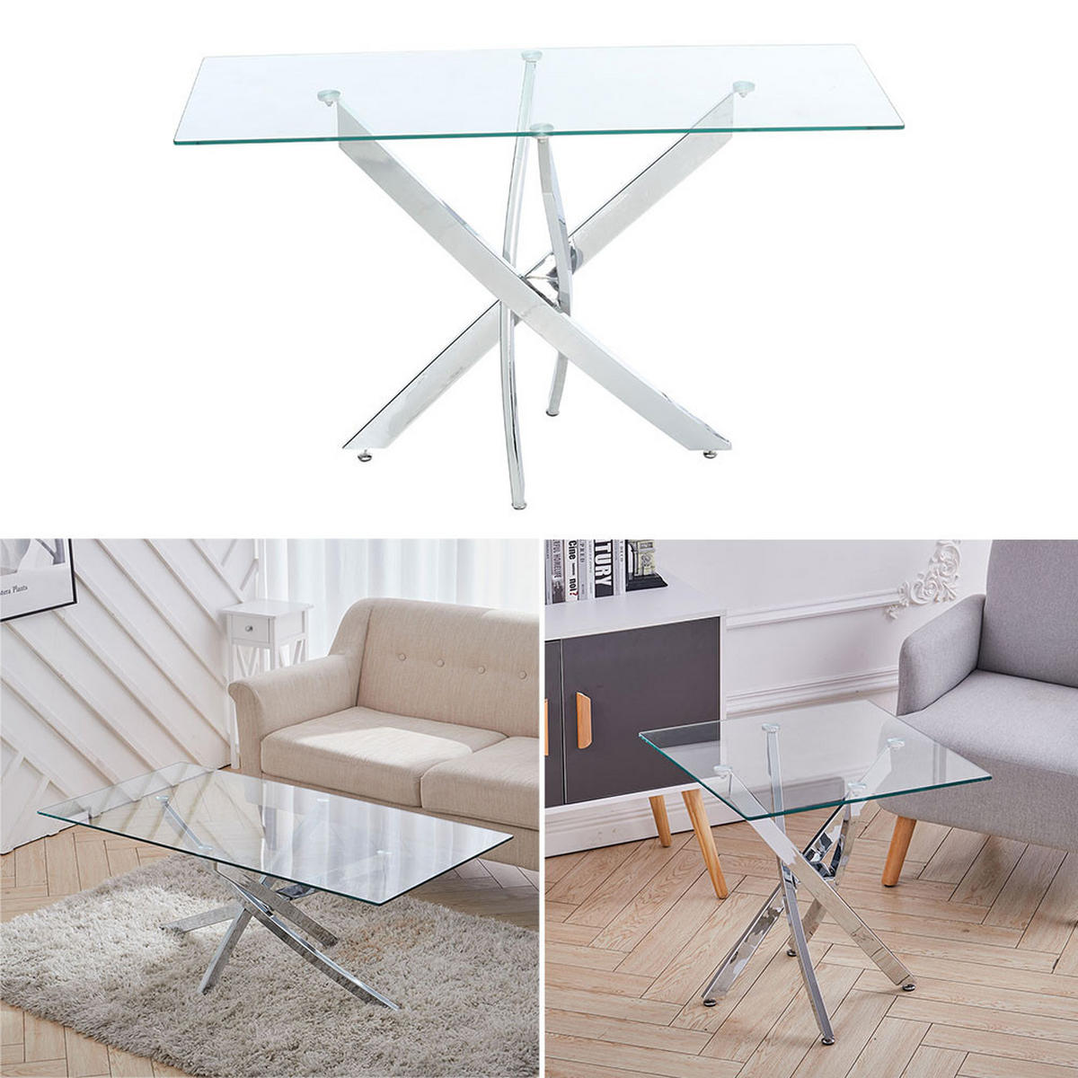 BEISTELLTISCH aus Glas mit Metalbeine Quadratisch Langfristige Nutzung Schnelle Montage Leicht zu reinigen 55 x 55 x 55 cm - Chromfarben/Transparent, Glas/Metall (55/55/55cm) - Livingandhome