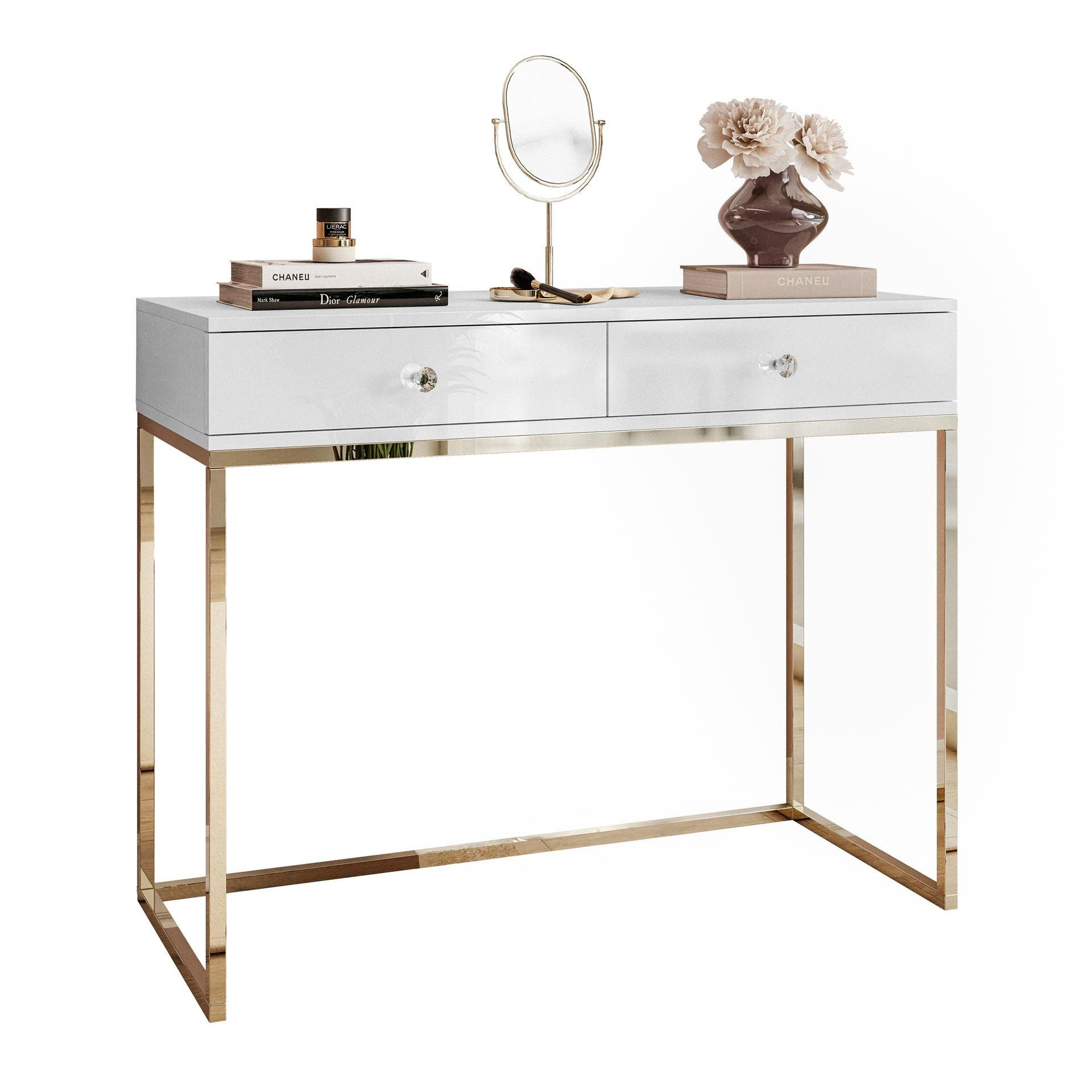 KONSOLE BLANCO mit Schubladen GOLD CHROM Weiß Hochglanz Kristallgriff - Weiß Hochglanz, Holzwerkstoff (42/100/81cm) - Lookway