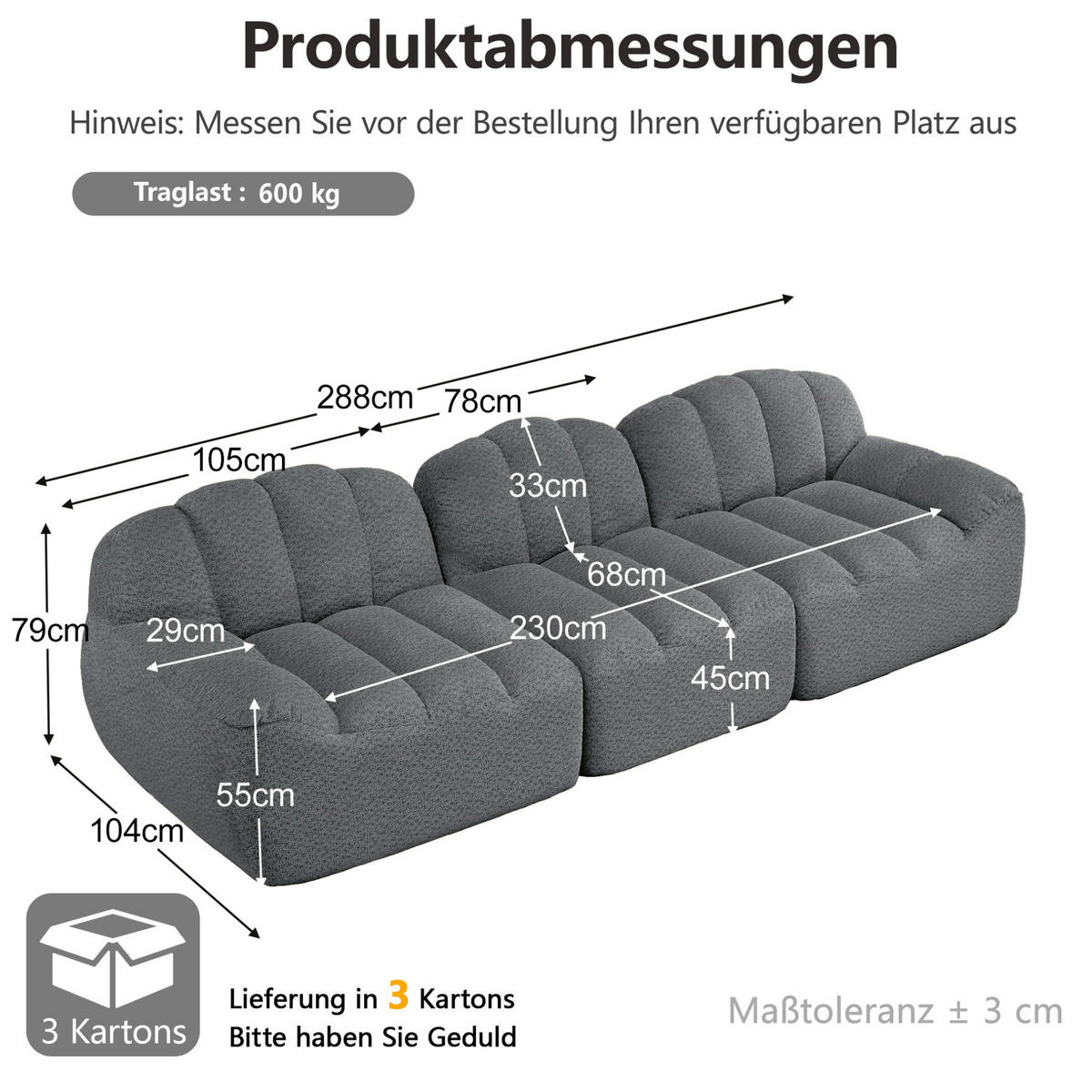 SOFA in Grau mit Ottoman und flexibler Stellvariante - Grau, Textil (104/79/288cm) - Flora Grace