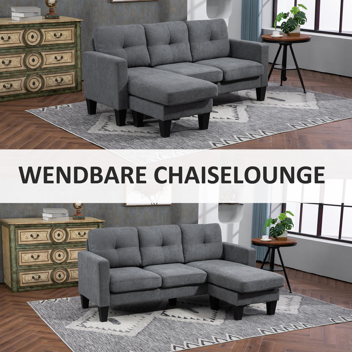 ECKSOFA Couch mit Umkehrbar Chaiselongue Sofa L Form mit Leinenoptik Dunkelgrau - Dunkelgrau, Kunststoff (130/186cm) - HOMCOM