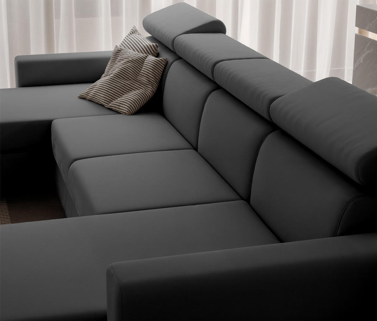 WOHNLANDSCHAFT BENI U II mit verstellbaren Kopfstützen und Schlaffunktion, Farbe: Grau - Schwarz/Grau, Kunststoff/Textil (302/60/166cm) - Idohome
