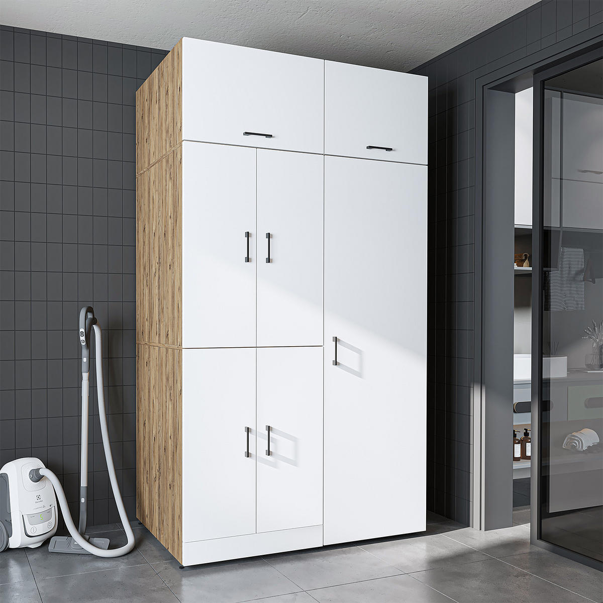 WASCHMASCHINENSCHRANK DORA-II 130cm Breit, 230cm Hoch - Eiche Bianco, Holzwerkstoff (130/230/73.8cm)