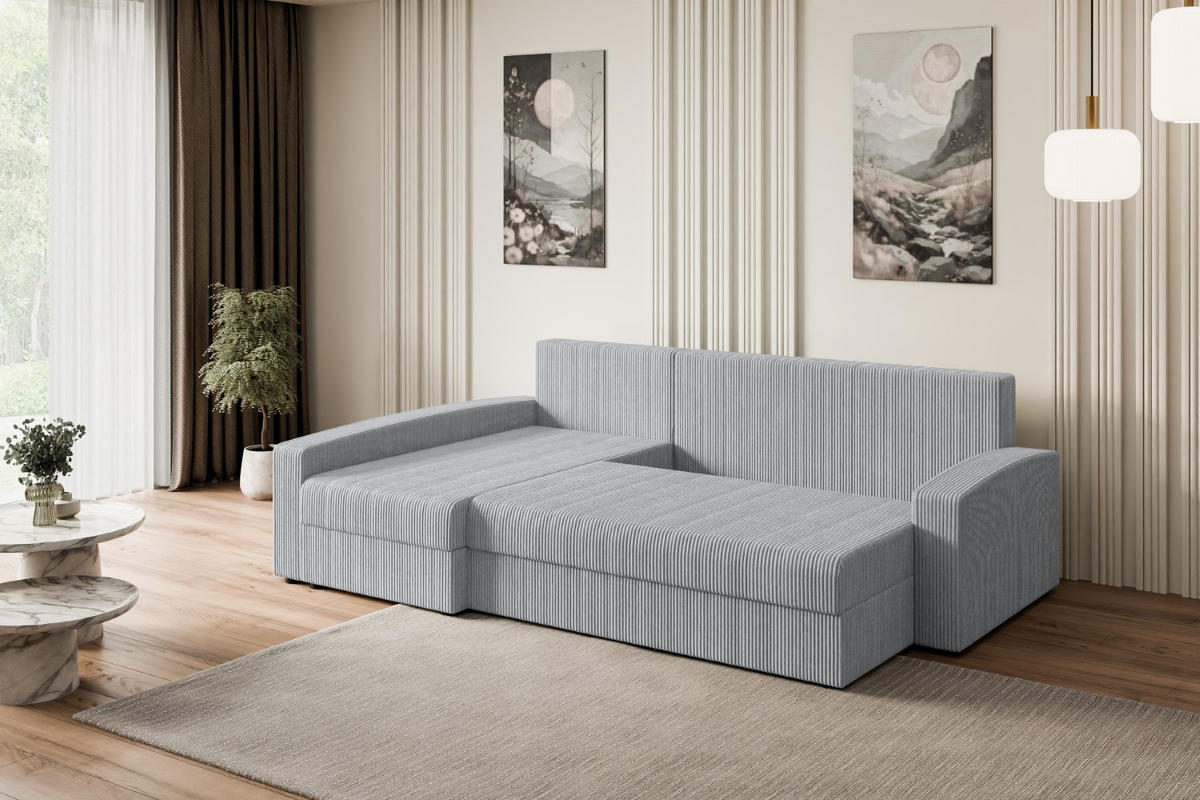 ECKSOFA mit Schlaffunktion und Bettkasten ALESIA-L 231x140x90 cm Grau Cord - Silberfarben/Grau, Holzwerkstoff/Kunststoff (231/140cm) - ALTDECOR