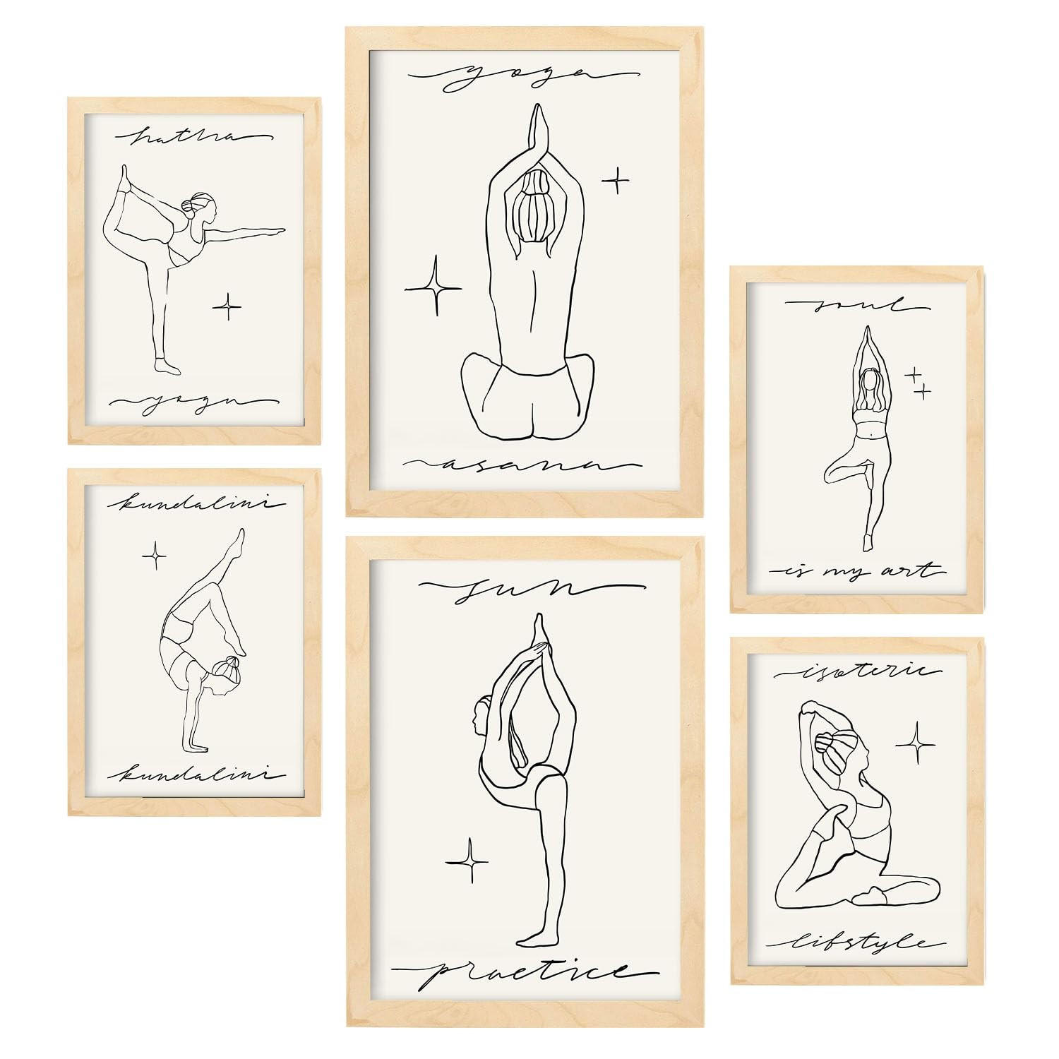 POSTER Set Mit 6 Yoga Musen 2 A3 & A4 Rahmen Aus Hellem Holz - Beige, Papier (29/3/42cm) - Nacnic