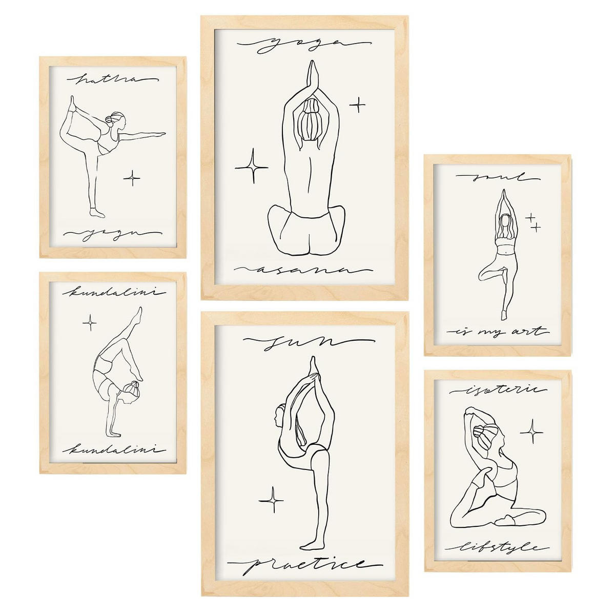 POSTER Set Mit 6 Yoga Musen 2 A3 & A4 Rahmen Aus Hellem Holz - Beige, Papier (29/3/42cm) - Nacnic
