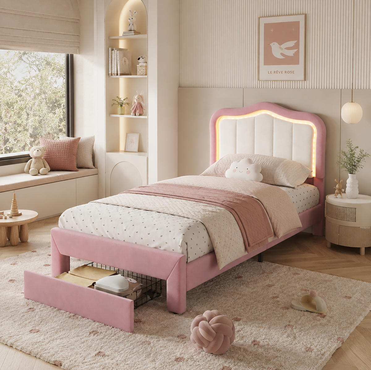 KINDER-POLSTERBETT aus Samt 90x200 cm Rosa mit Schublade und app-gesteuerter LED-Beleuchtung - Pink, Textil (90/200cm) - Modfu