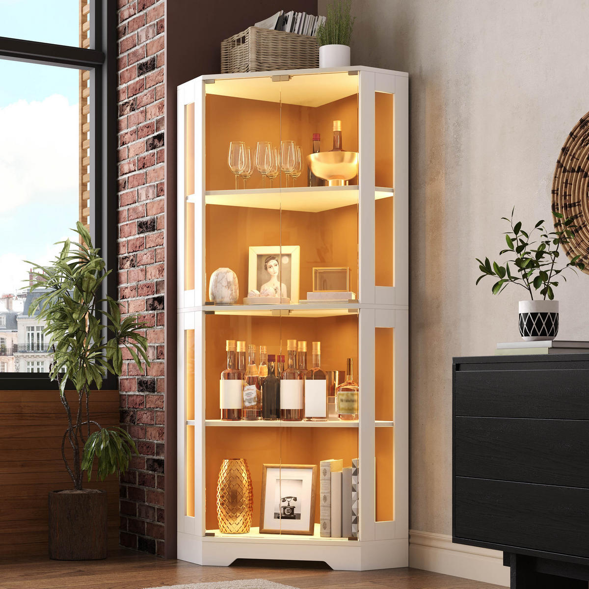 GESCHIRRSCHRANK 165 cm MDF Weiß mit RGB-LED, Glastüren und Weinregal - Weiß, Holzwerkstoff (40/165/40cm) - Korfee
