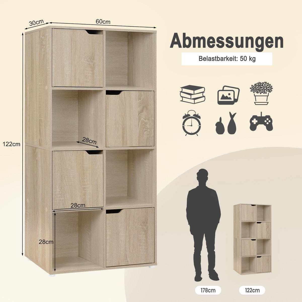 BÜCHERREGAL mit 8 Fächern, 60x120x30 cm, Helle Eiche - Eichefarben, Holzwerkstoff (60/120/30cm) - Woltu