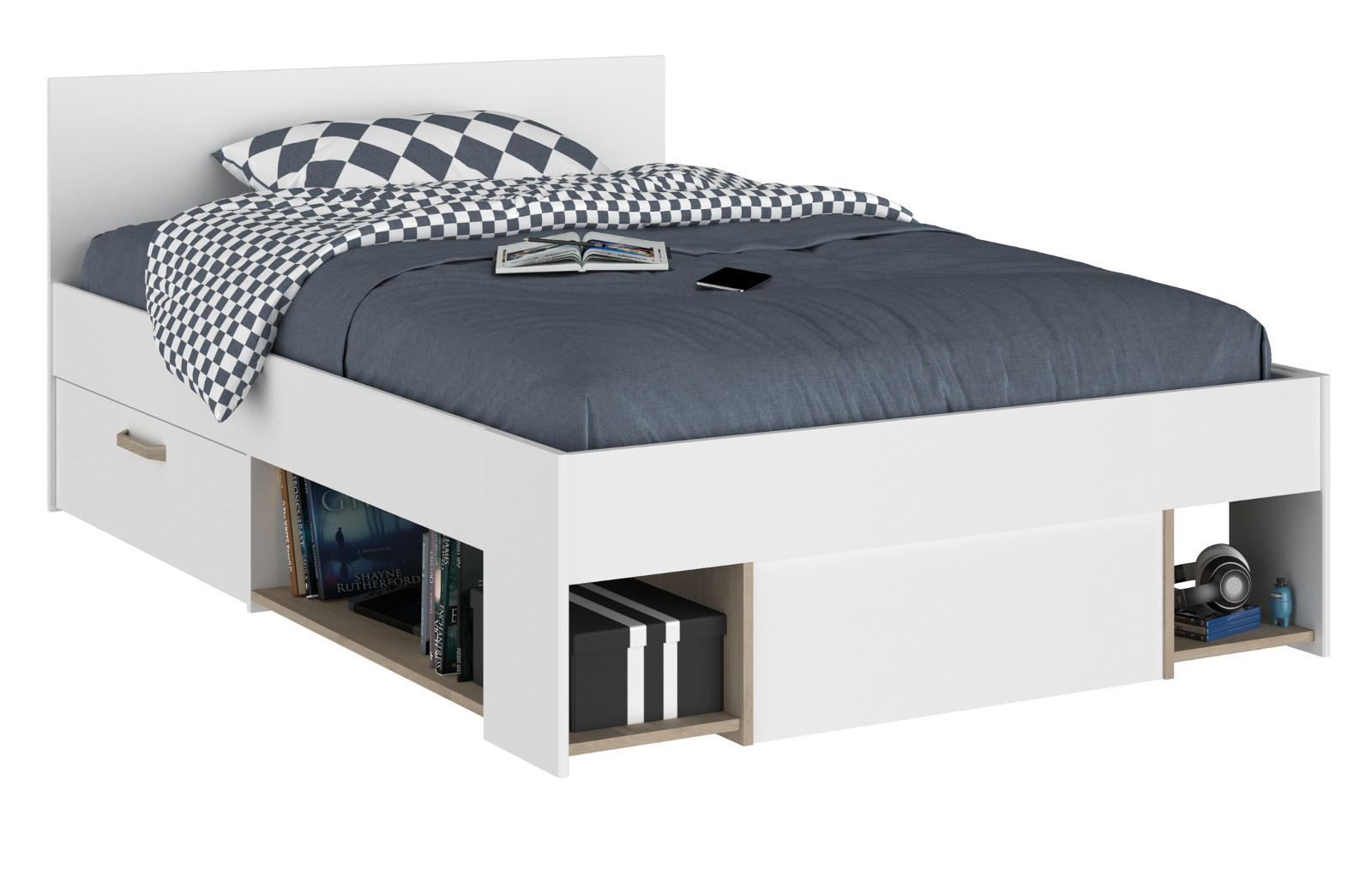 STAURAUMBETT weiß, Eiche Liegefläche 120 x 200 cm, Bett inklusive Bettschubkasten - Eichefarben/Weiß, Holzwerkstoff/Metall (120/200cm) - Parisot Meuble