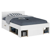 STAURAUMBETT weiß, Eiche Liegefläche 120 x 200 cm, Bett inklusive Bettschubkasten - Eichefarben/Weiß, Holzwerkstoff/Metall (120/200cm) - Parisot Meuble