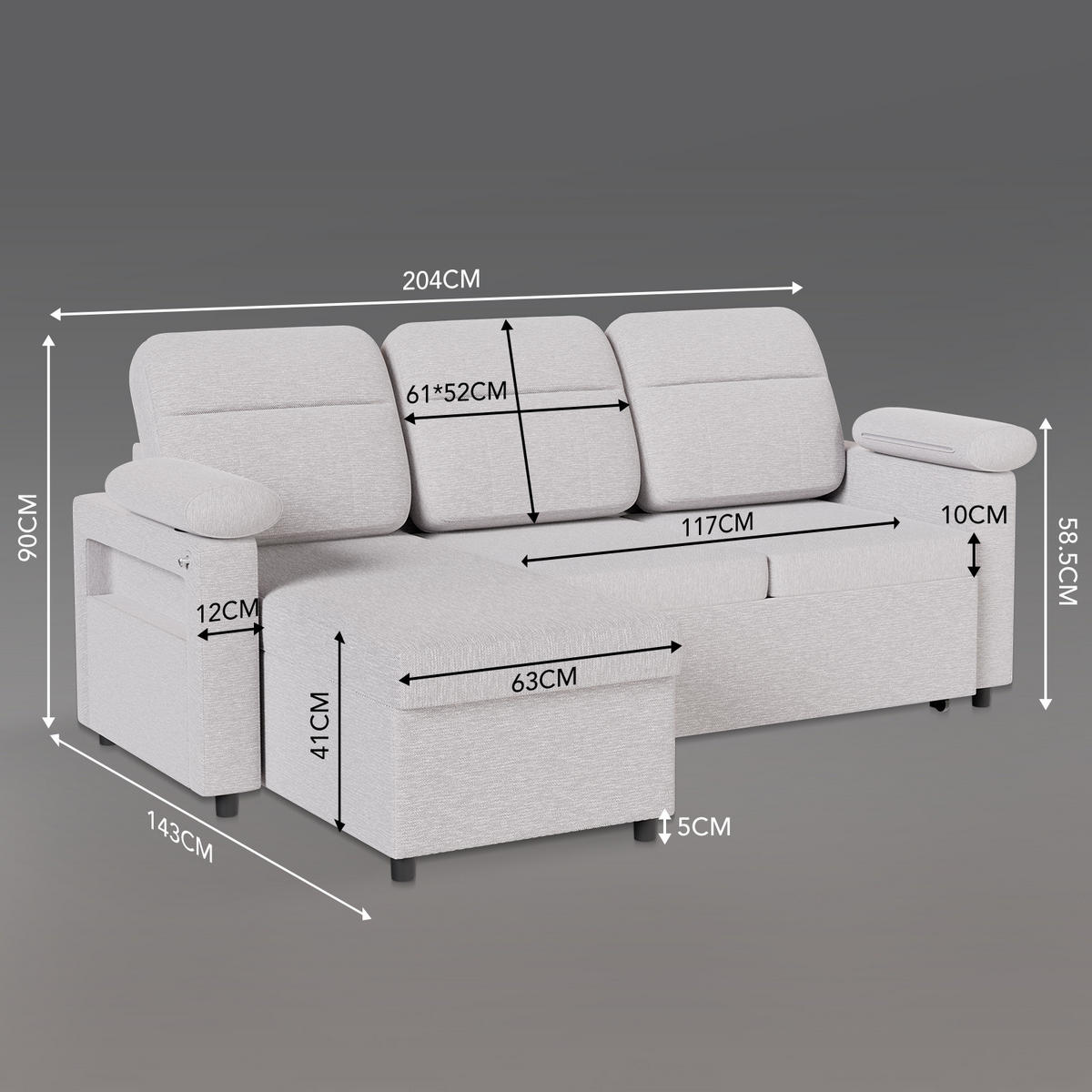 ECKSOFA mit Schlaffunktion, Stauraum und Getränke-Handyhalter, beidseitig montierbar, Leinenstoff - Hellgrau, Metall (143/90/203cm)