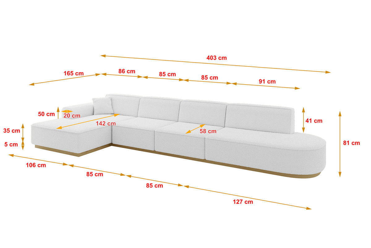 ECKSOFA Ottomane Links IREA-L3-v2 - 403x165x81 cm Weiß - Weiß, Holzwerkstoff/Textil (403/165cm) - ALTDECOR