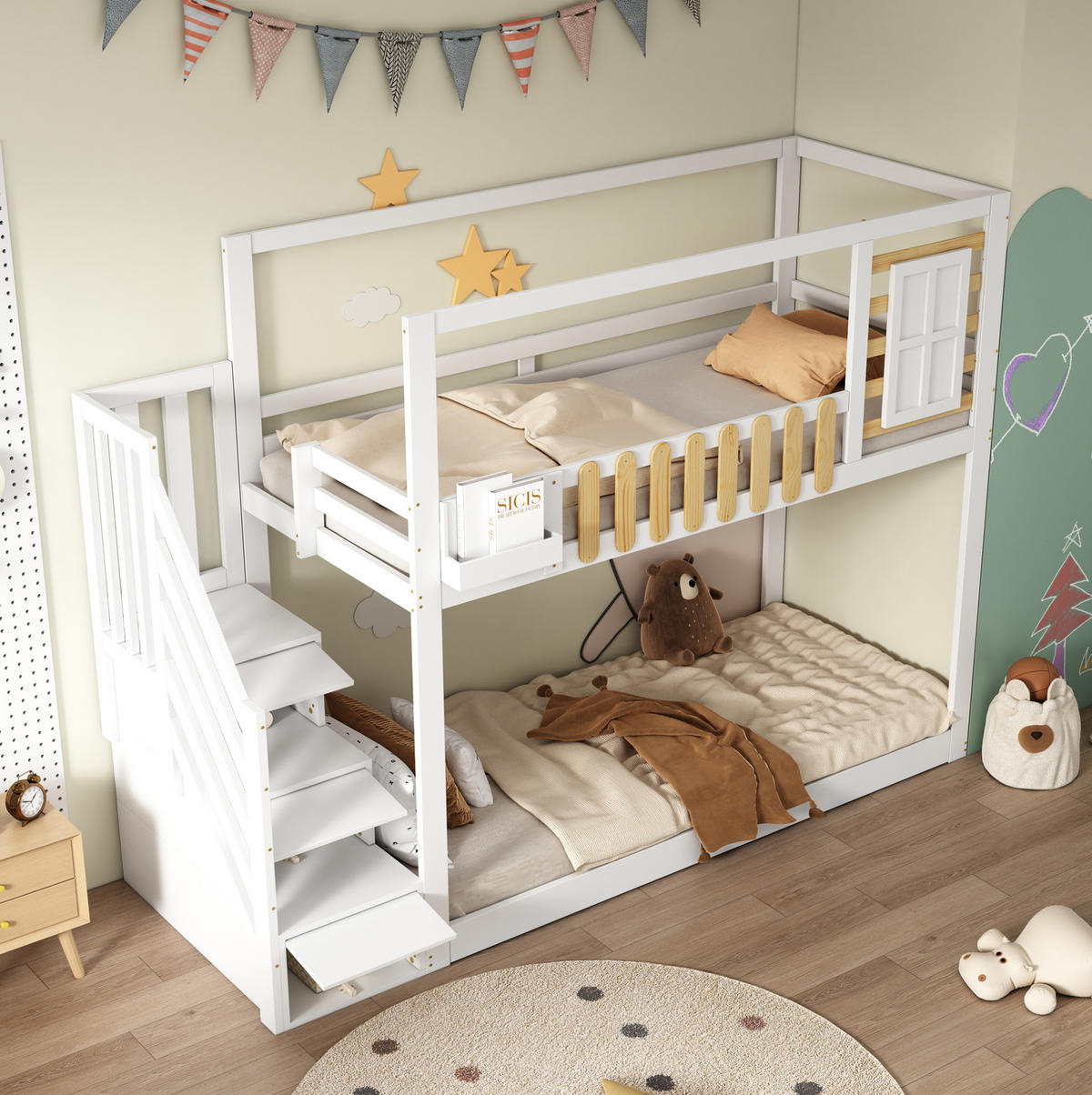 ETAGENBETT 90/200 cm in Weiß/Natur mit Treppe und Stauraum - Weiß, Holzwerkstoff (90/200cm) - BEAOK