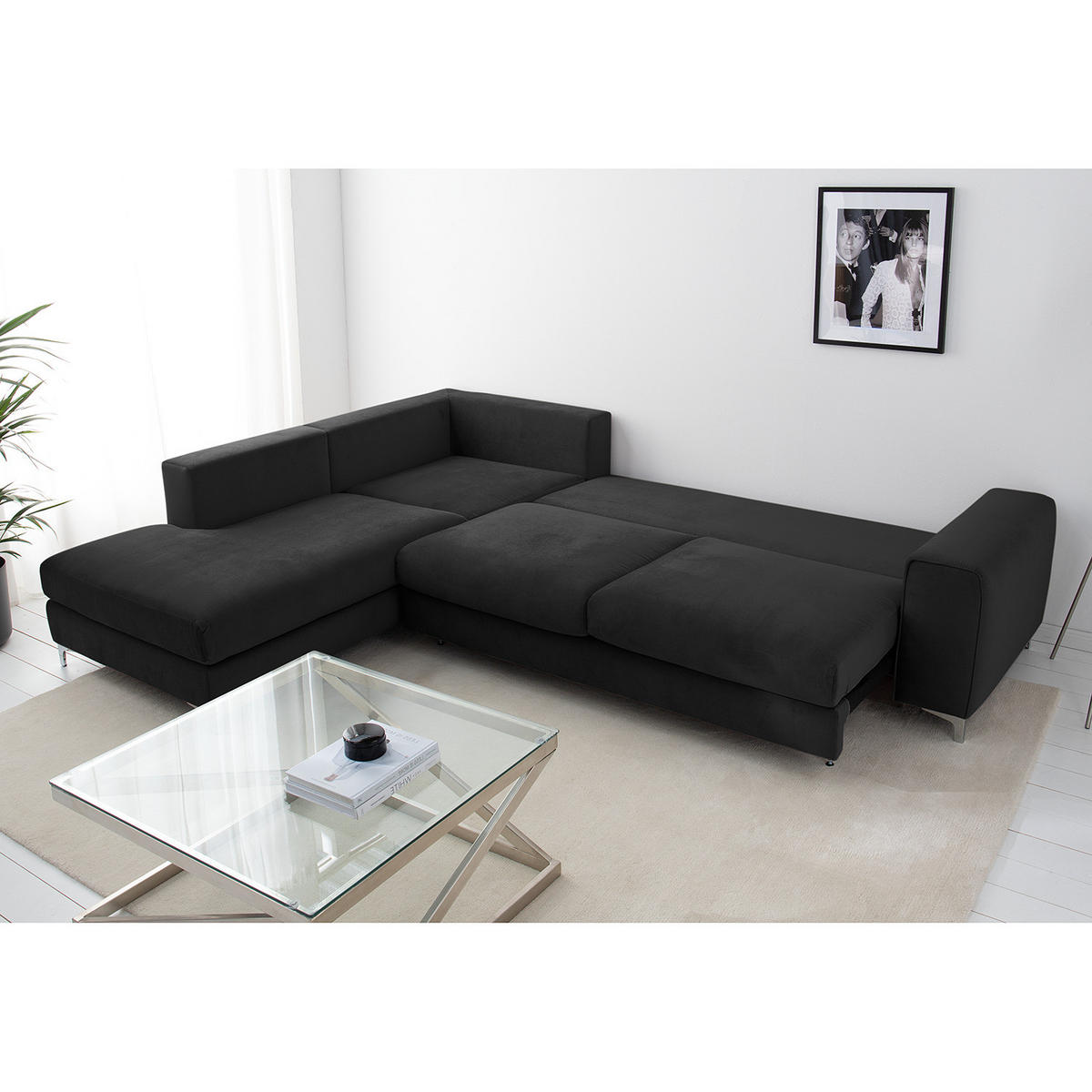 ECKSOFA mit Ottomane - Chromfarben/Dunkelgrau, Textil/Metall (302/1cm) - home24