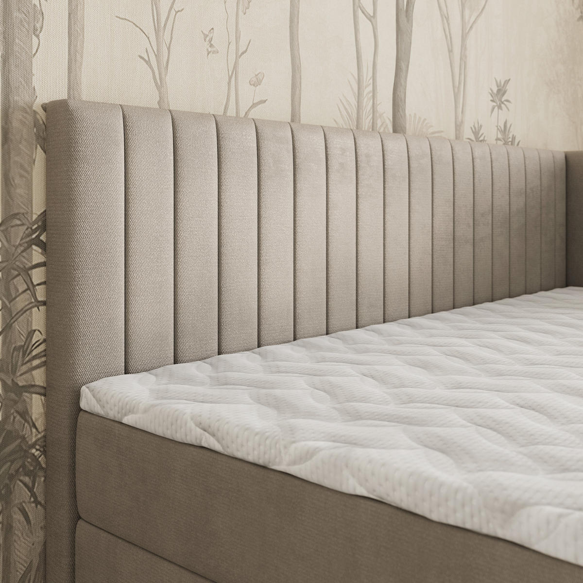 BOXBETT ARIS 80x200 cm mit Matratze und Topper, H2+H3 - Beige - Beige, Holz (80/200cm) - MASSENO