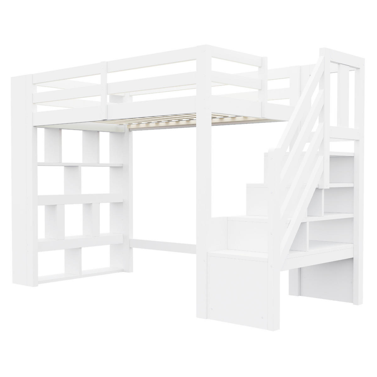 HOCHBETT aus Kiefernholz 90x200 cm Weiß mit Stauraumtreppe, Regalfächern und LED-Beleuchtung - Weiß, Holz (90/200cm) - Modfu