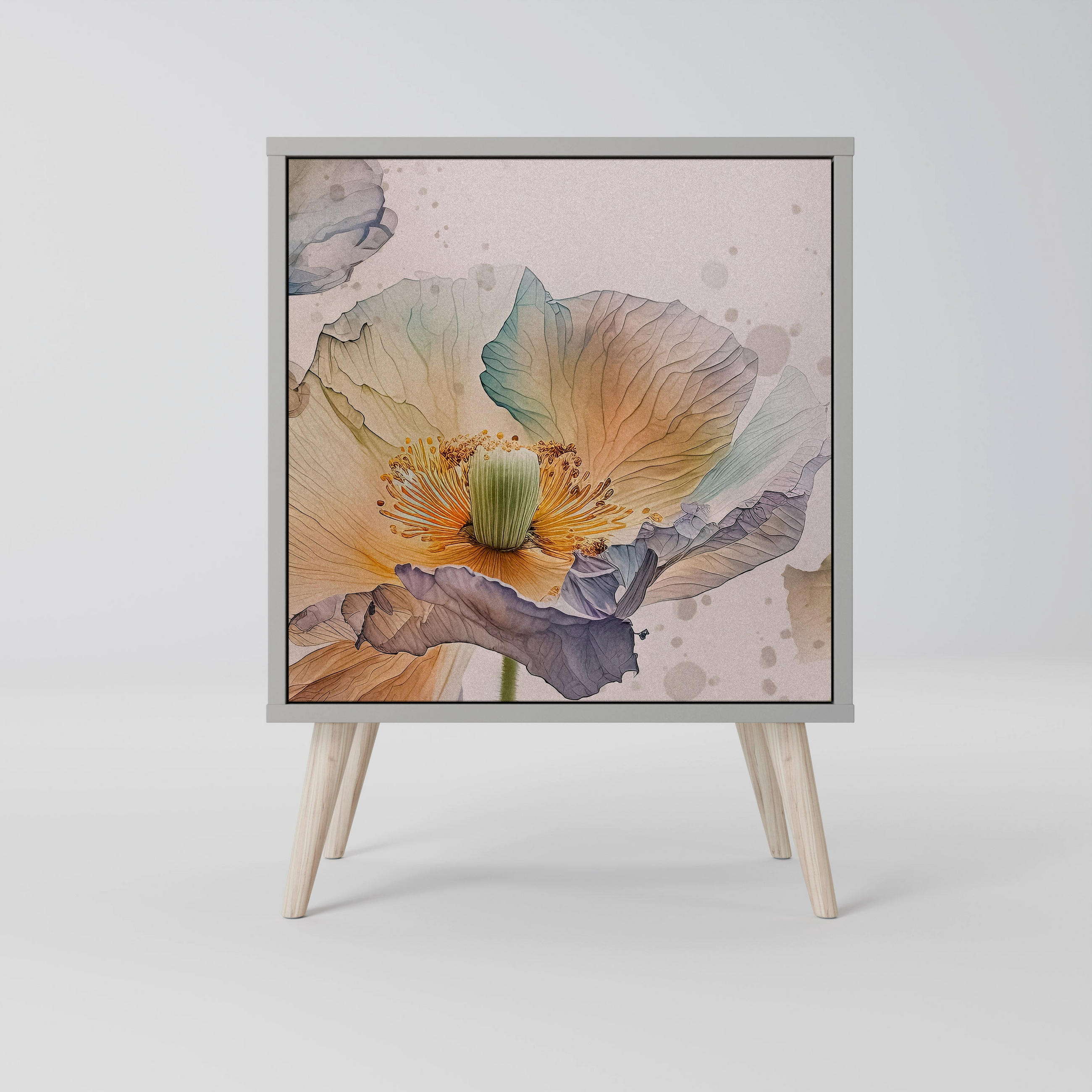 SIDEBOARD SOFTEN POPPY, Grau, 57,5x42x77,5 cm, Schräge Buchenholzfüße - Buchefarben/Multicolor, Holzwerkstoff/Buchenholz (57.5/77.5/42cm) - SpaceRebels
