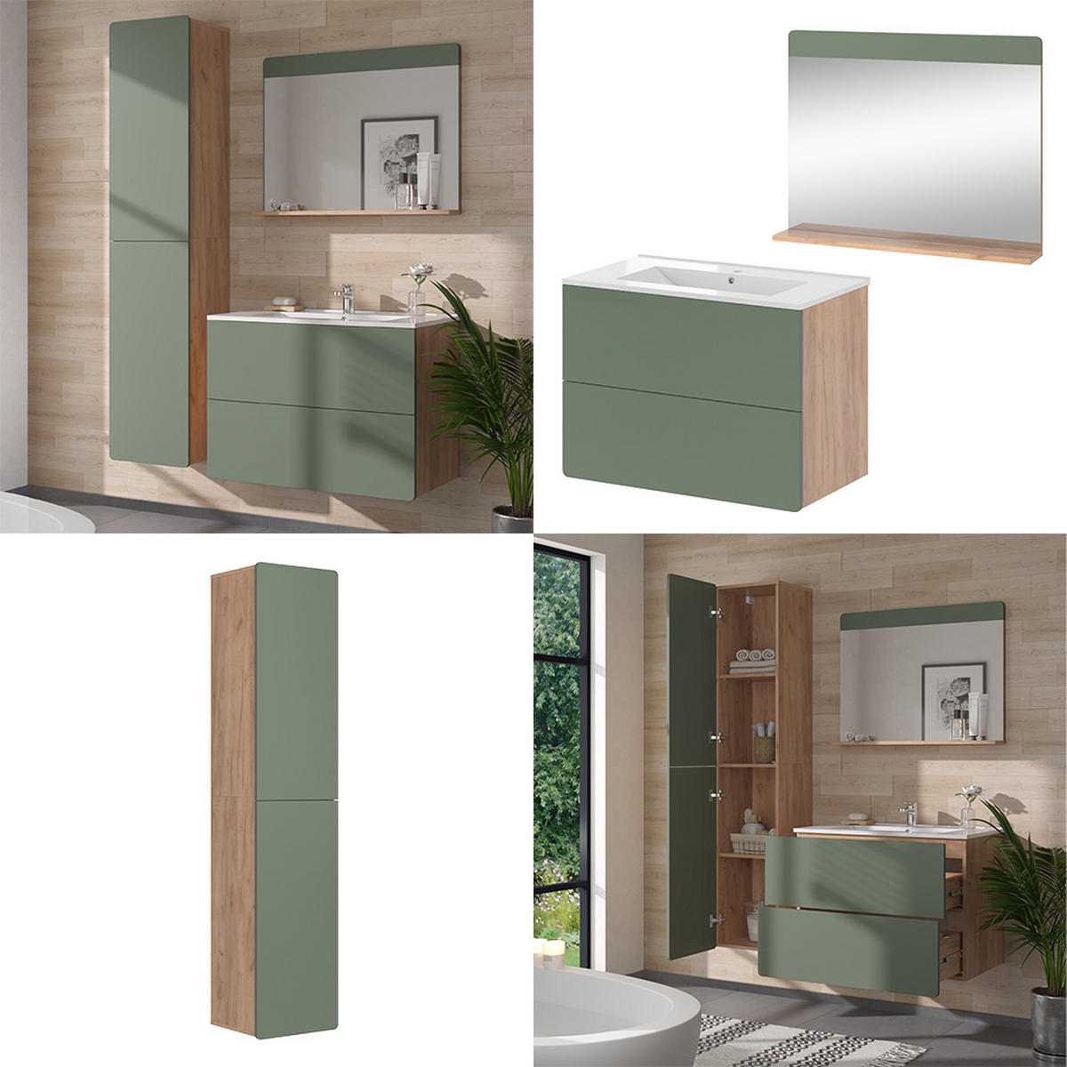 SADA KOUPELNOVÉHO NÁBYTKU Izan Dub Goldkraft/zelená - zelená barva/barva dubu, kompozitní dřevo (80/59.3/46cm) - Vicco