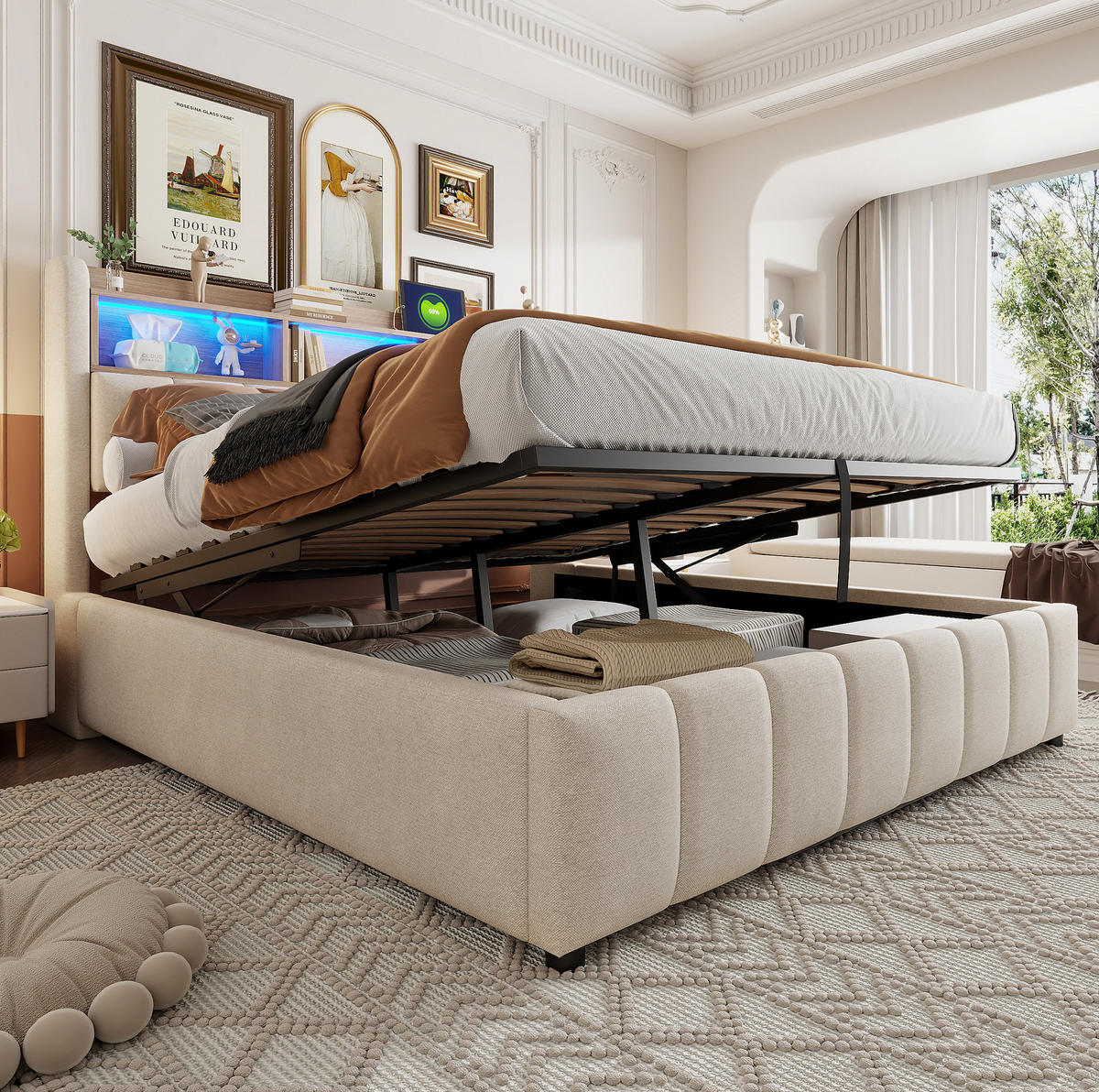 POLSTERBETT mit Stauraum und LED 180x200 cm Leinenstoff Beige - Beige, Metall (180/200cm) - Meubliv