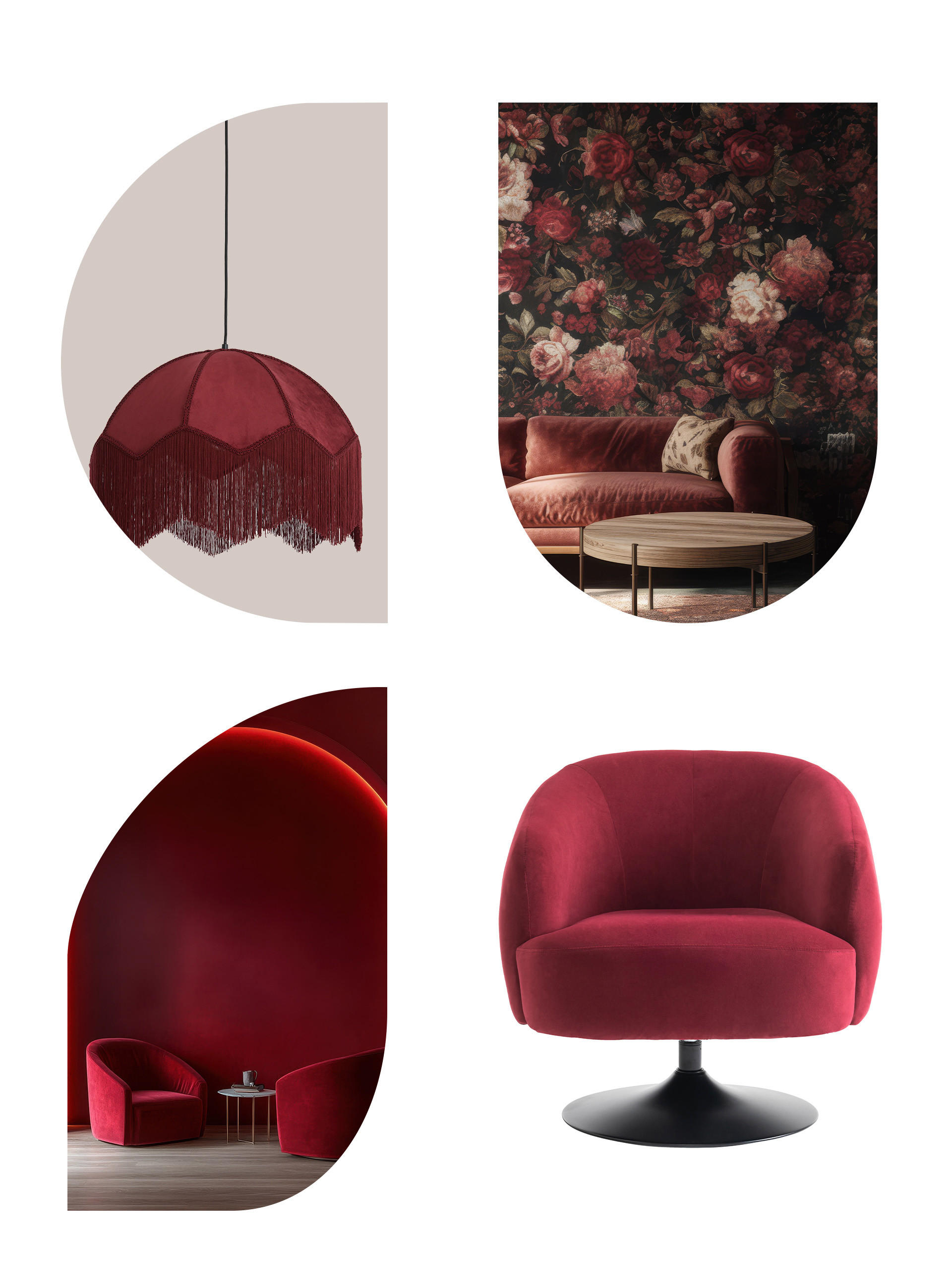 Verschiedene Wohnräume mit Einrichtungselementen in der Trendfarbe Burgundy: Hängelampe mit Fransen, florale Tapete mit burgunderroten Möbeln, moderne Sitzgruppe mit roten Lichtakzenten und ein einzelner burgunderroter Polsterstuhl auf schwarzem Sockel.