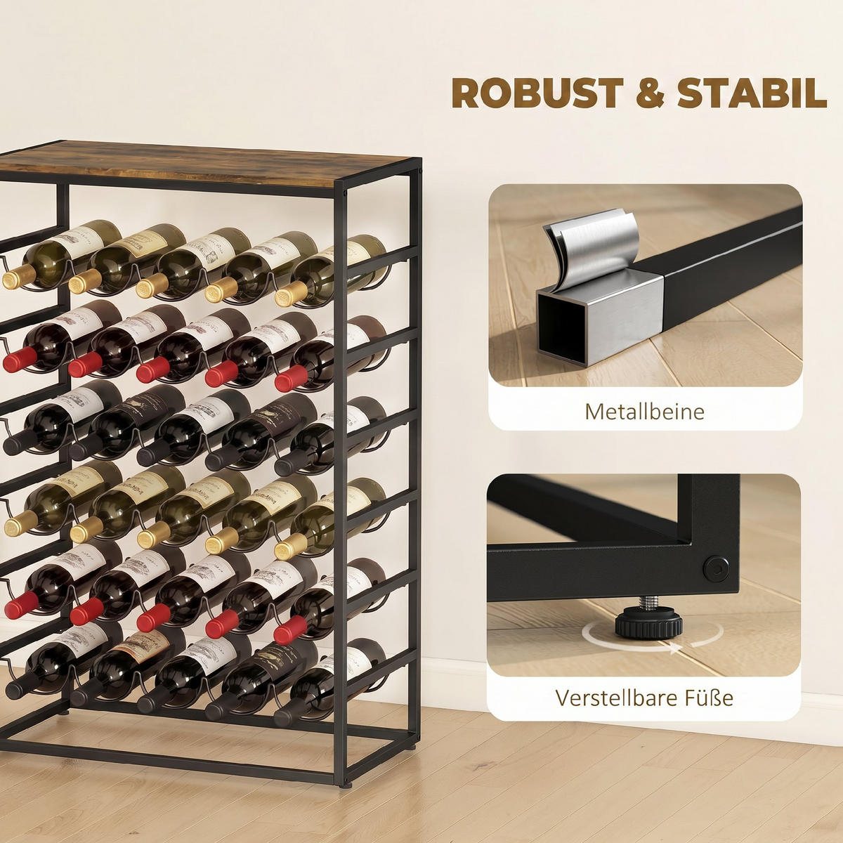 WEINREGAL Spanplatte Metall Rustikal-Braun - Braun, Metall (30/88.5/59cm) - HOMCOM