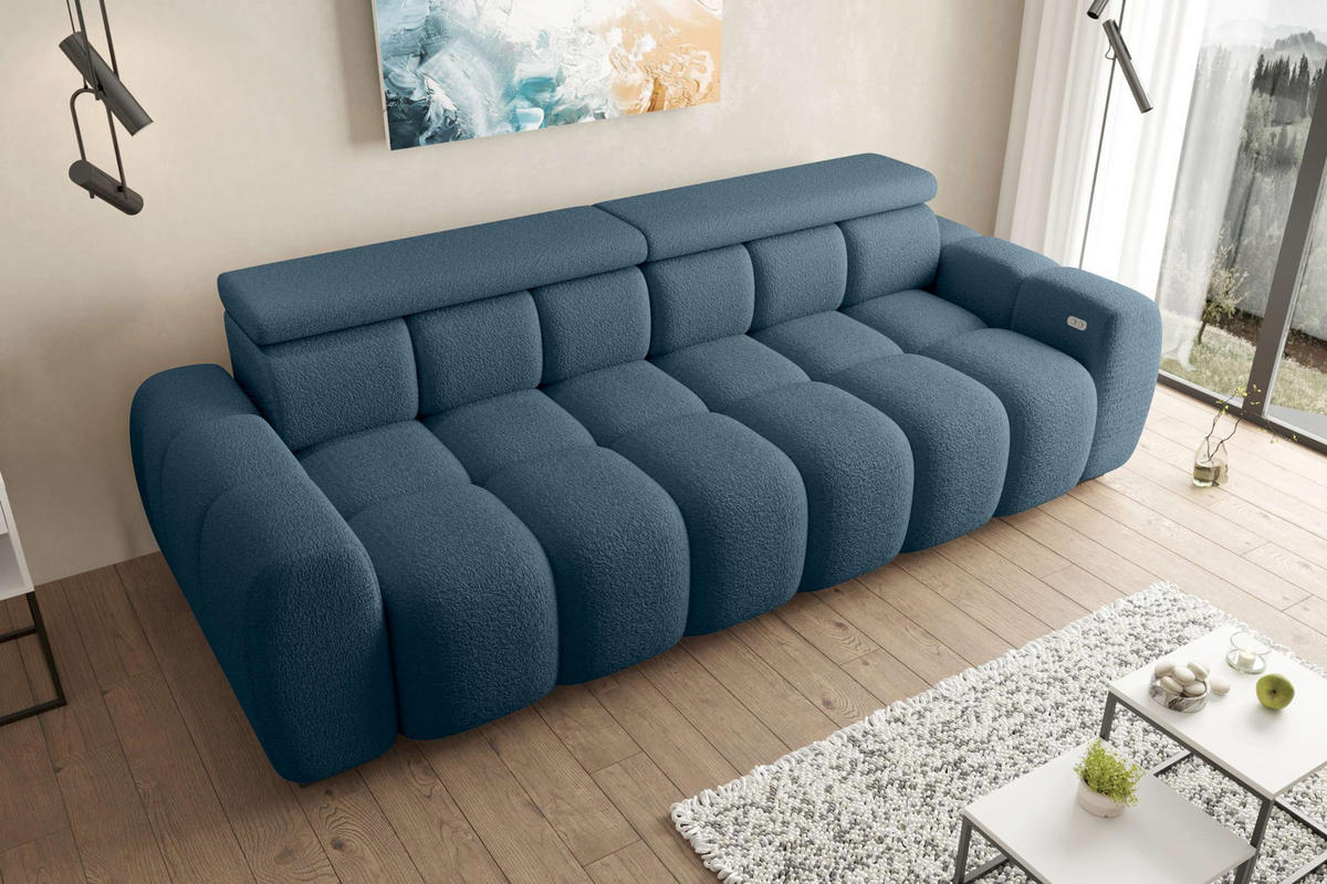 BIGSOFA ALESSIO Bouclé-Stoff Dunkelblau mit elektrischer Sitztiefenverstellung - Dunkelblau, Kunststoff/Textil (248/77/108cm) - 99rooms