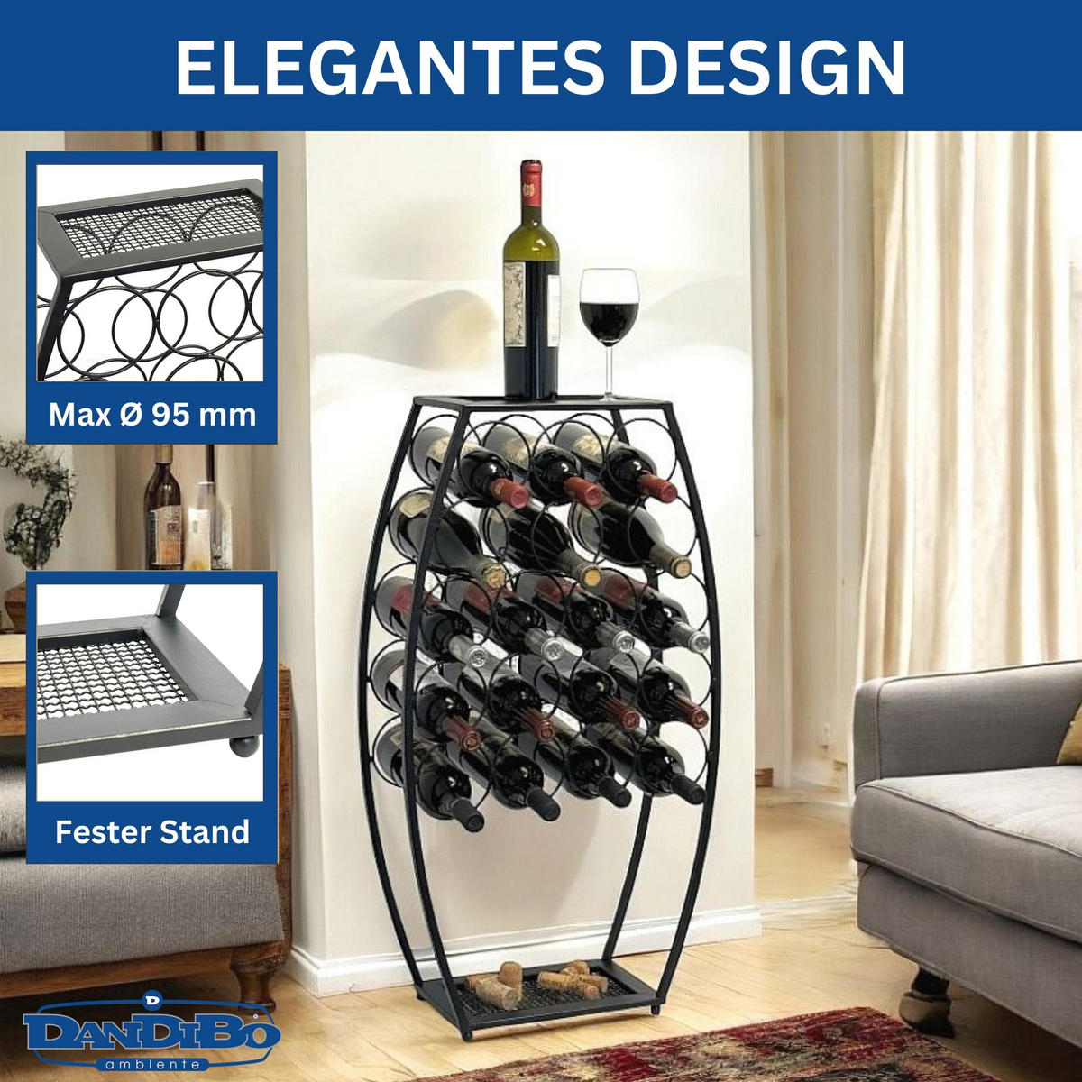 WEINREGAL Metall Schwarz Stehend 83 cm Weinfass - Schwarz, Metall (46/83/20cm) - DanDiBo