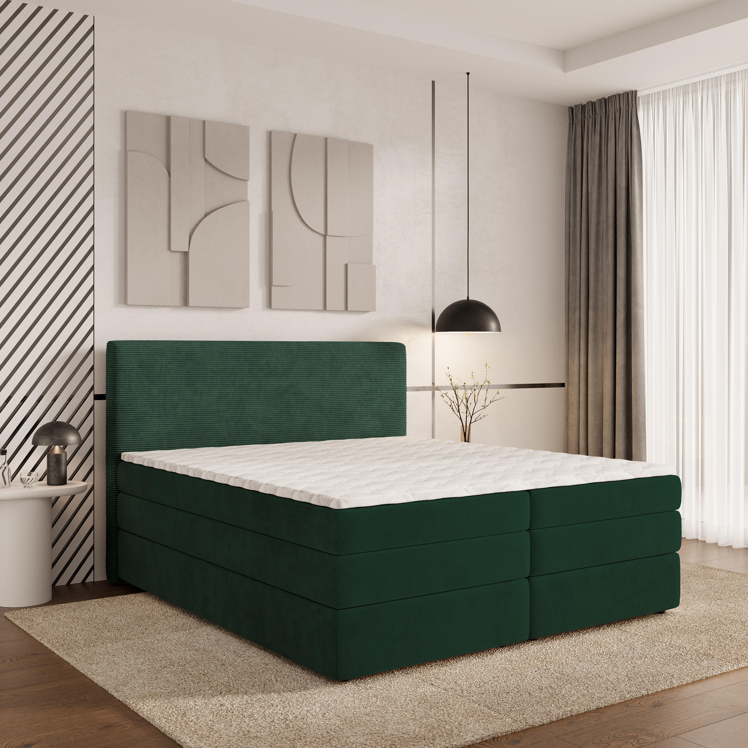 BOXSPRINGBETT MATERN 180x200 cm mit Matratze und Topper - Grün - Grün, Holz (180/200cm) - MASSENO