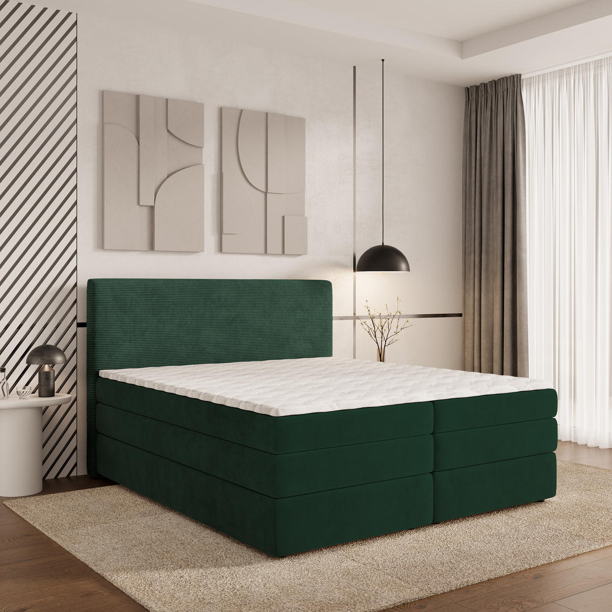 BOXSPRINGBETT MATERN 140x200 cm mit Matratze und Topper - Grün - Grün, Holz (140/200cm) - MASSENO