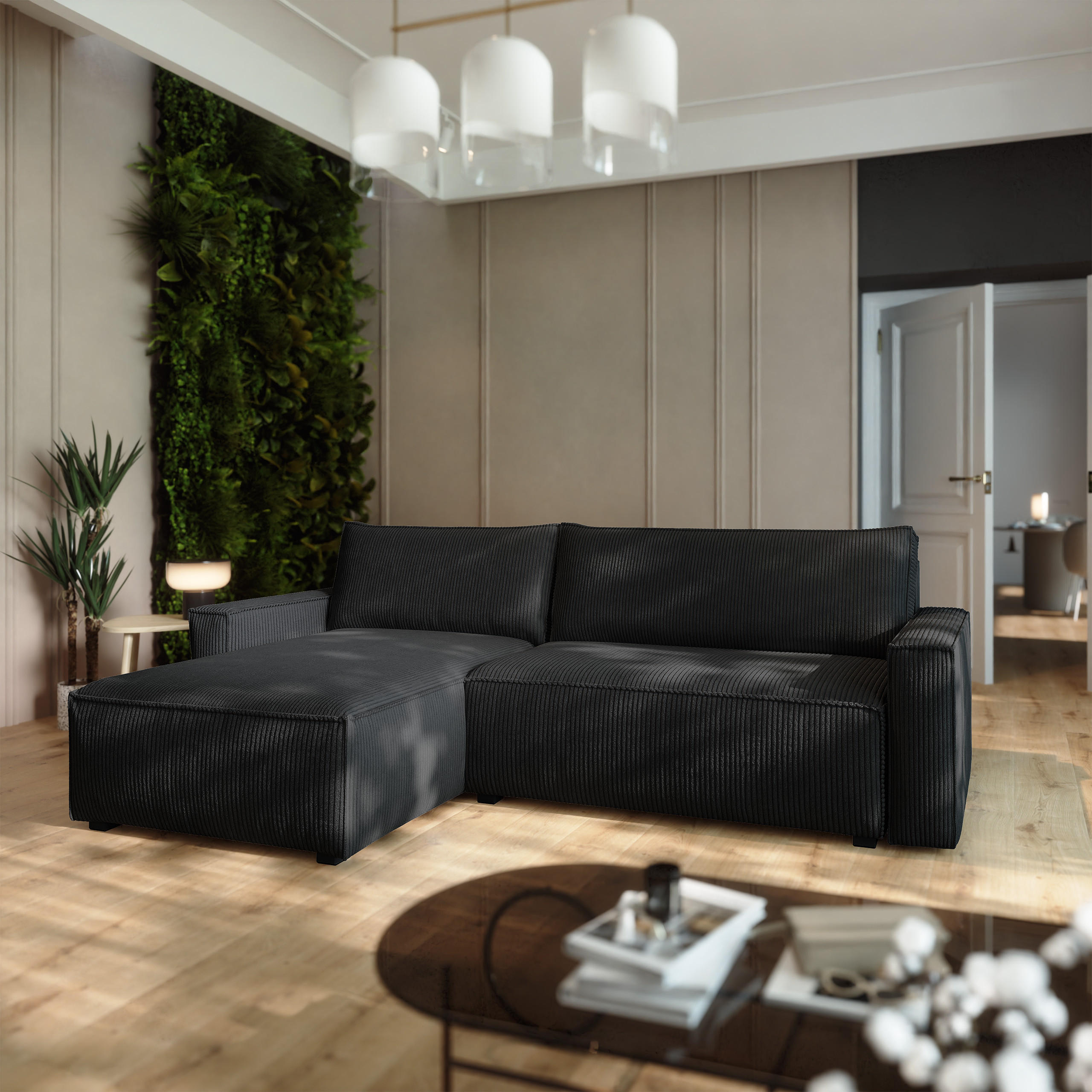 ECKSOFA BESMIR Schwarz Kordstoff mit Schlaffunktion - Schwarz, Holz (275/148cm) - MASSENO