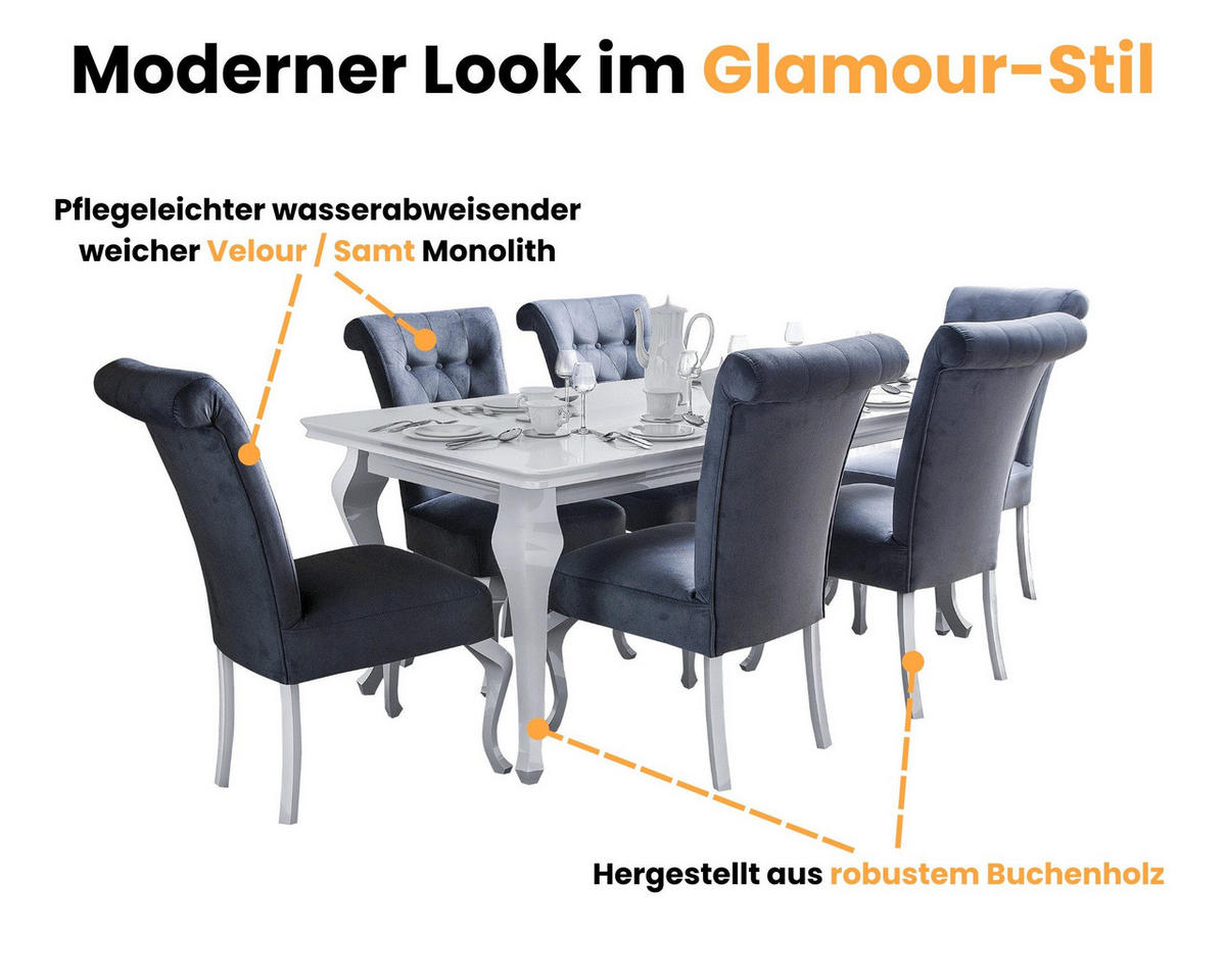 TISCHGRUPPE LUISE 170(+40)/90 cm in Weiß Hochglanz mit 6 Stühlen in Graphit - Weiß Hochglanz/Graphitfarben, Holz/Holzwerkstoff (90/76/170cm) - Deine Möbel 24