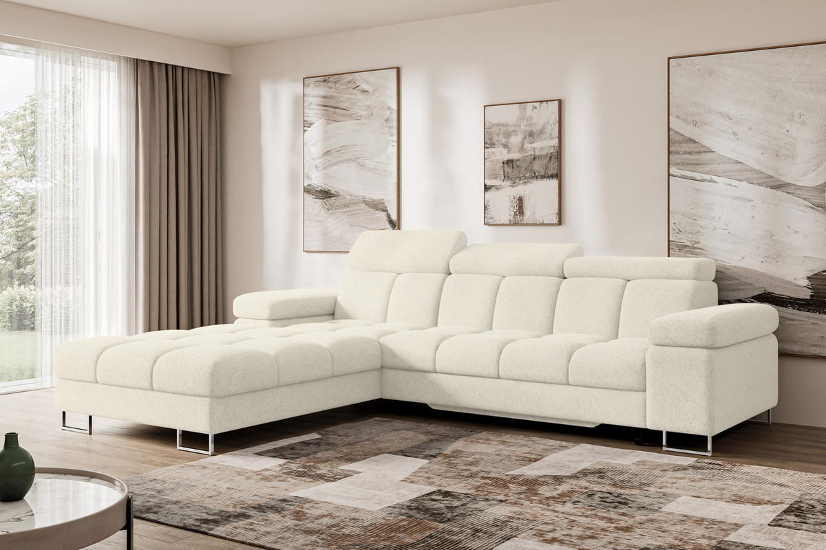 ECKSOFA mit Schlaffunktion Ottomane Links COMA L 271x203x79 Creme Tissu - Creme, Holzwerkstoff/Textil (271/203cm) - ALTDECOR