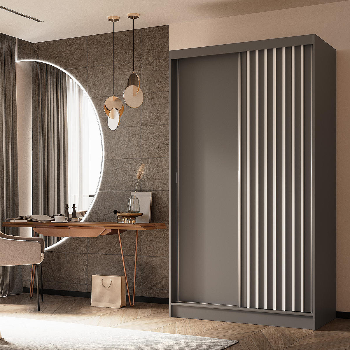 SCHWEBETÜRENSCHRANK LAMELLO 120/216/61 cm 2-türig Grau - Grau, Holzwerkstoff (120/216/61cm) - MASSENO