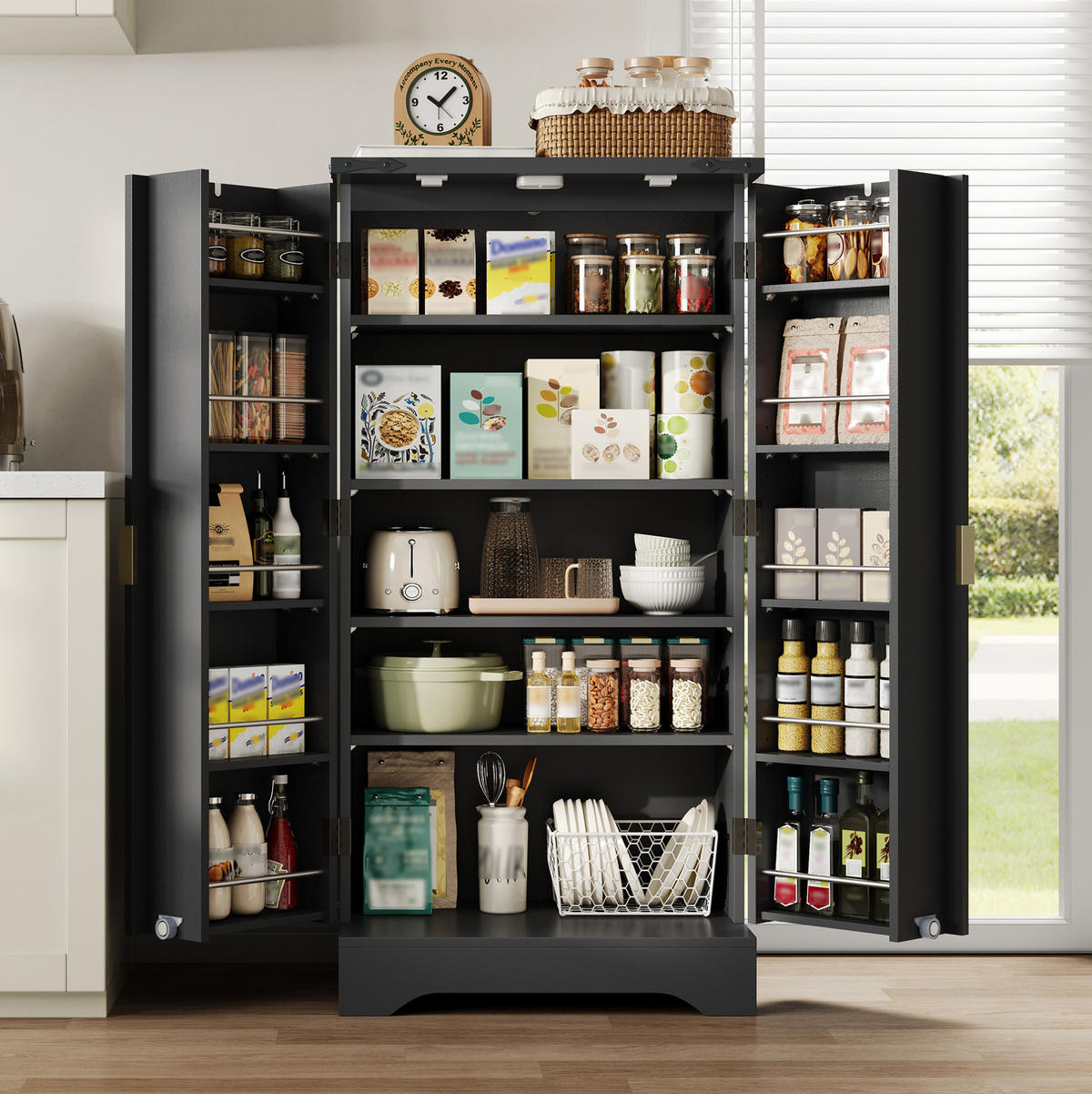 ANRICHTE 120/60,5/40 cm in Schwarz mit LED-Beleuchtung und verstellbaren Böden - Schwarz, Holzwerkstoff (60.5/120/40cm) - Flora Grace