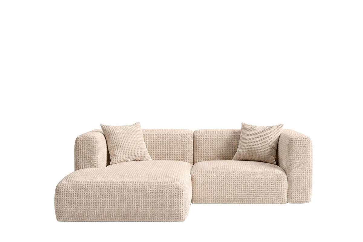 ECKSOFA L-Form mini, Chenille-Stoff Cremona, Creme, Links, GRETA - Creme, Holz (226/179cm) - Kaiser Möbel