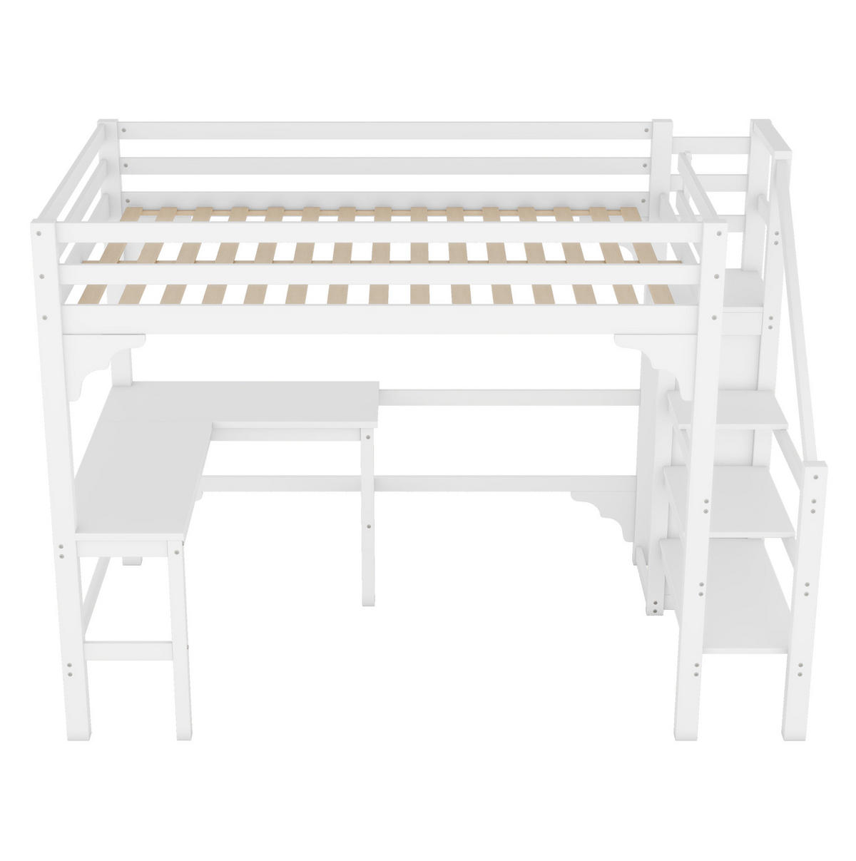 HOCHBETT 140/200 cm mit L-förmigem Schreibtisch, offenem Kleiderschrank und Stauraumtreppe, Kiefer/MDF, Weiß - Weiß, Holzwerkstoff (140/200cm) - Redom