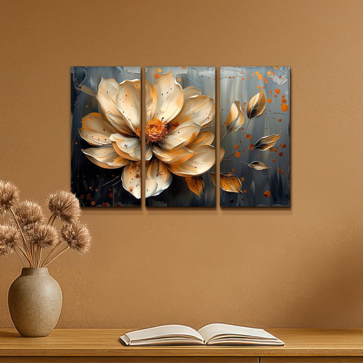 LEINWANDBILD 3er Set Blume - Gold - Abstrakt - Farbe 60x40 cm - Creme, Textil (60/40cm) - MuchoWow